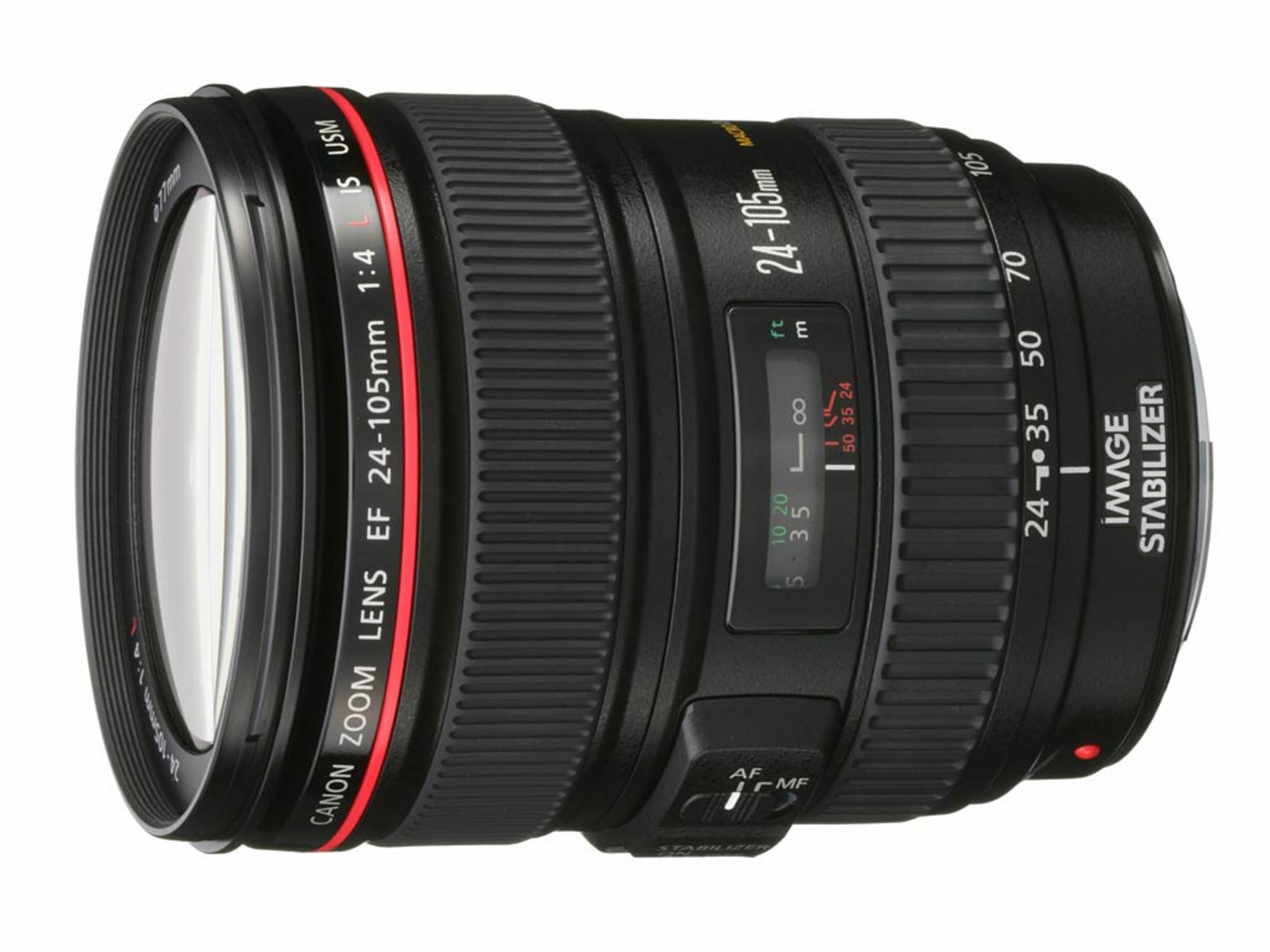 Obiettivo zoom Canon EF 24-105mm 1:4 IS USM nero con ghiere di messa a fuoco e zoom.