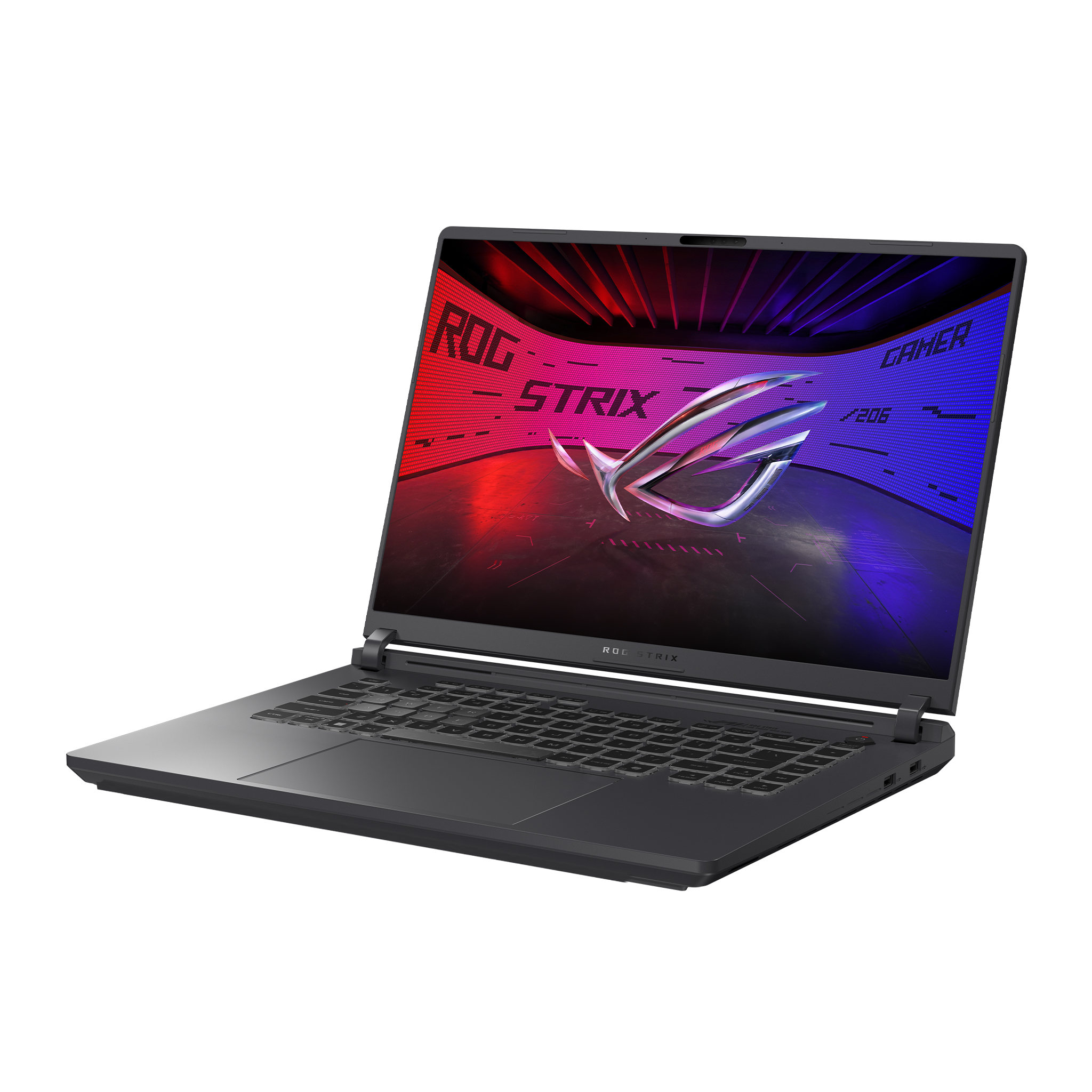 Ekranında aydınlatılmış ROG Strix logosu bulunan koyu renkli bir dizüstü bilgisayar.