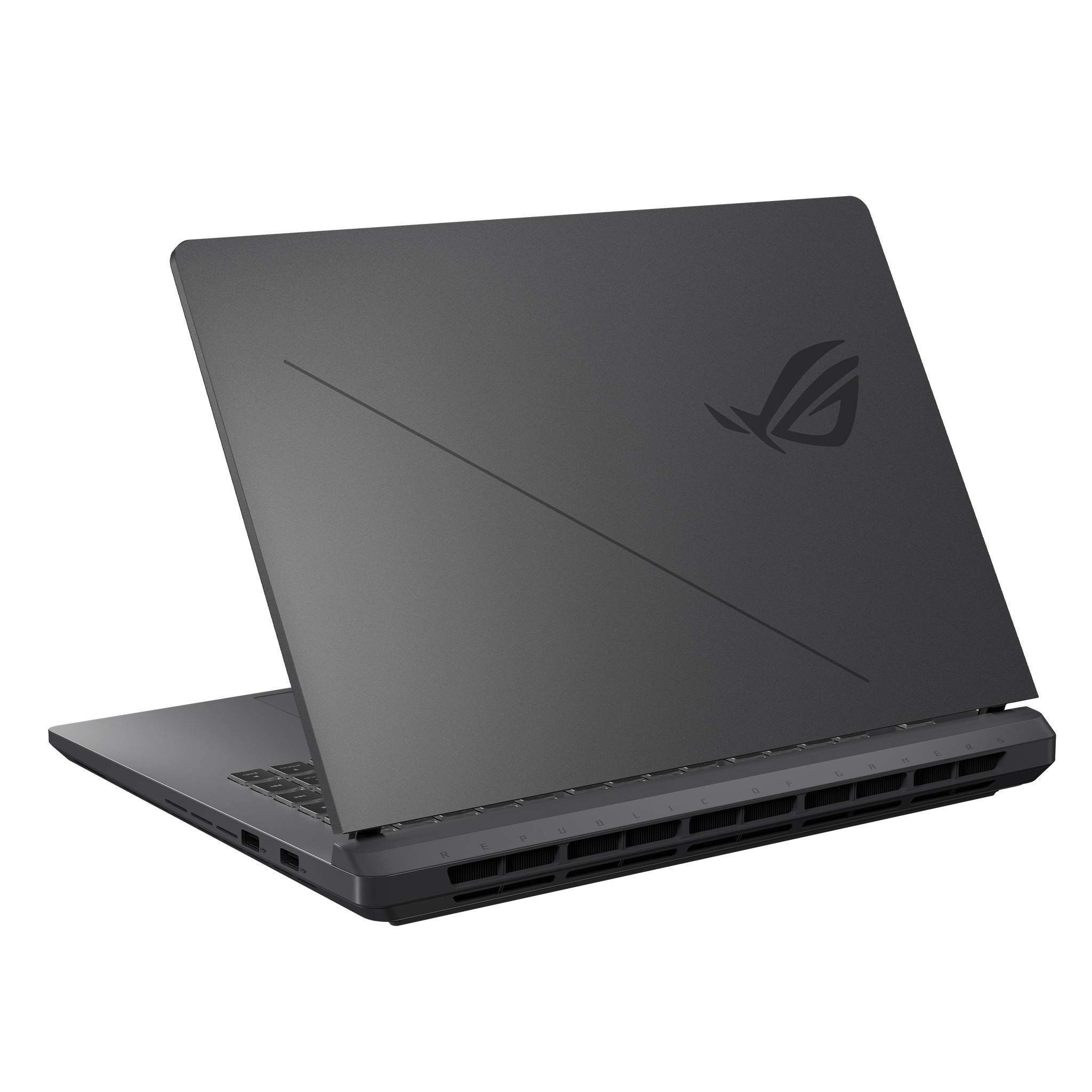 Koyu gri ASUS ROG dizüstü bilgisayar açılı gösteriliyor, kapağı açık ve klavyesi görünür.