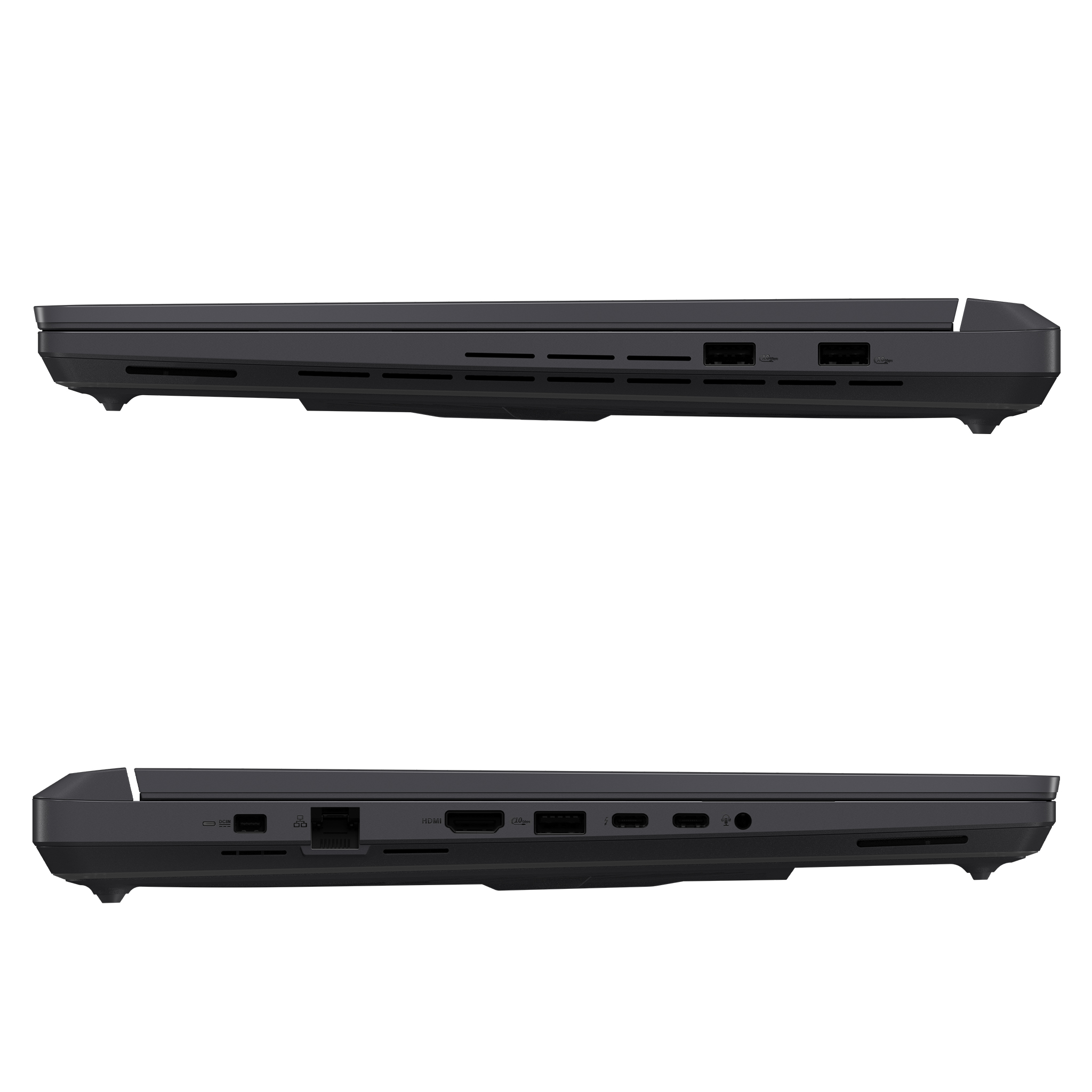 Yan görünüm siyah dizüstü bilgisayar, portlar: USB, HDMI, Thunderbolt.