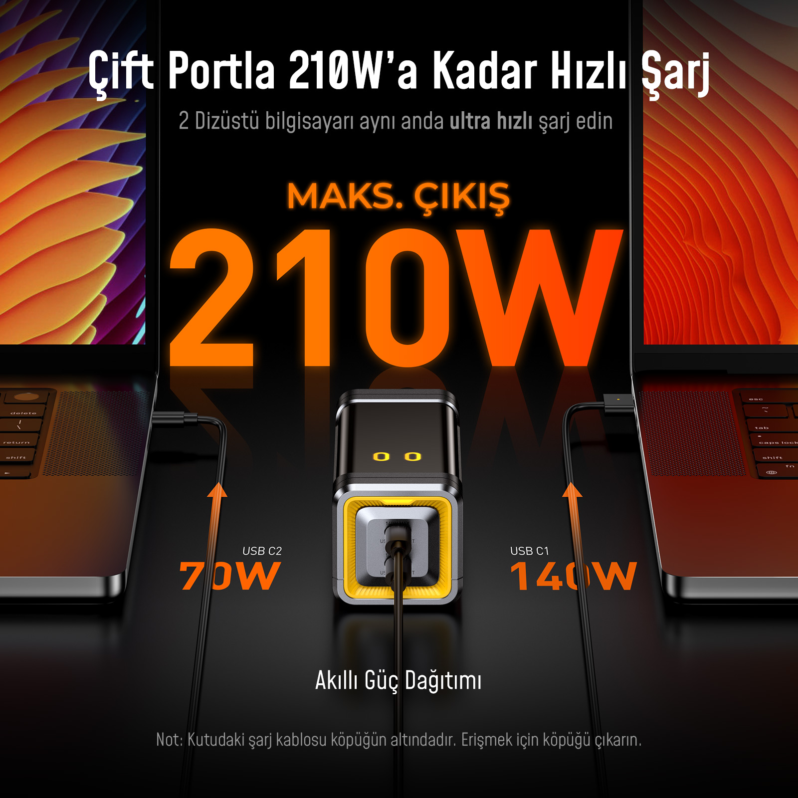 210W'lık çift portlu şarj cihazı, iki dizüstünü aynı anda şarj eder.