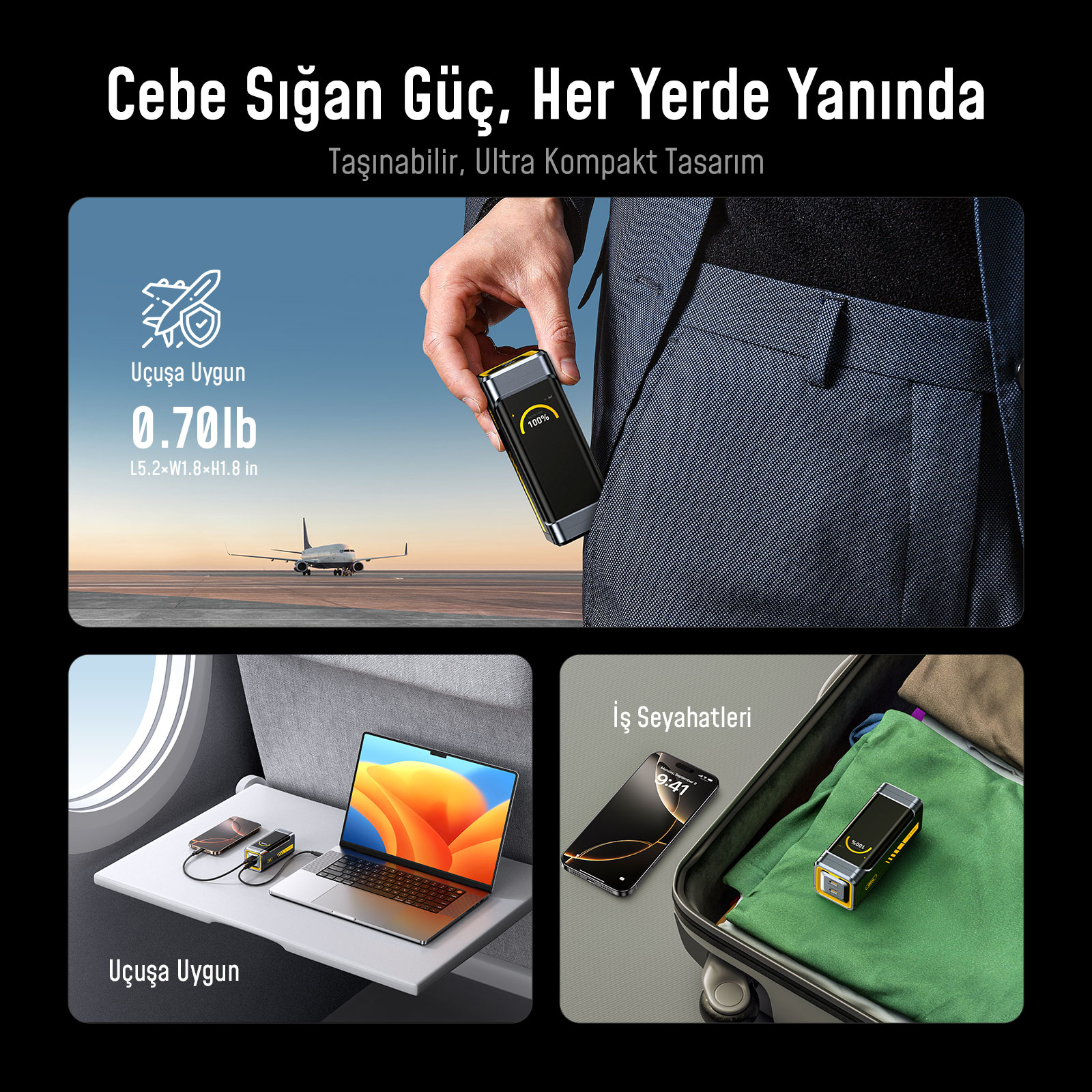Takım elbiseli, uçaklı, dizüstü bilgisayarlı ve bavullu kompakt güç.