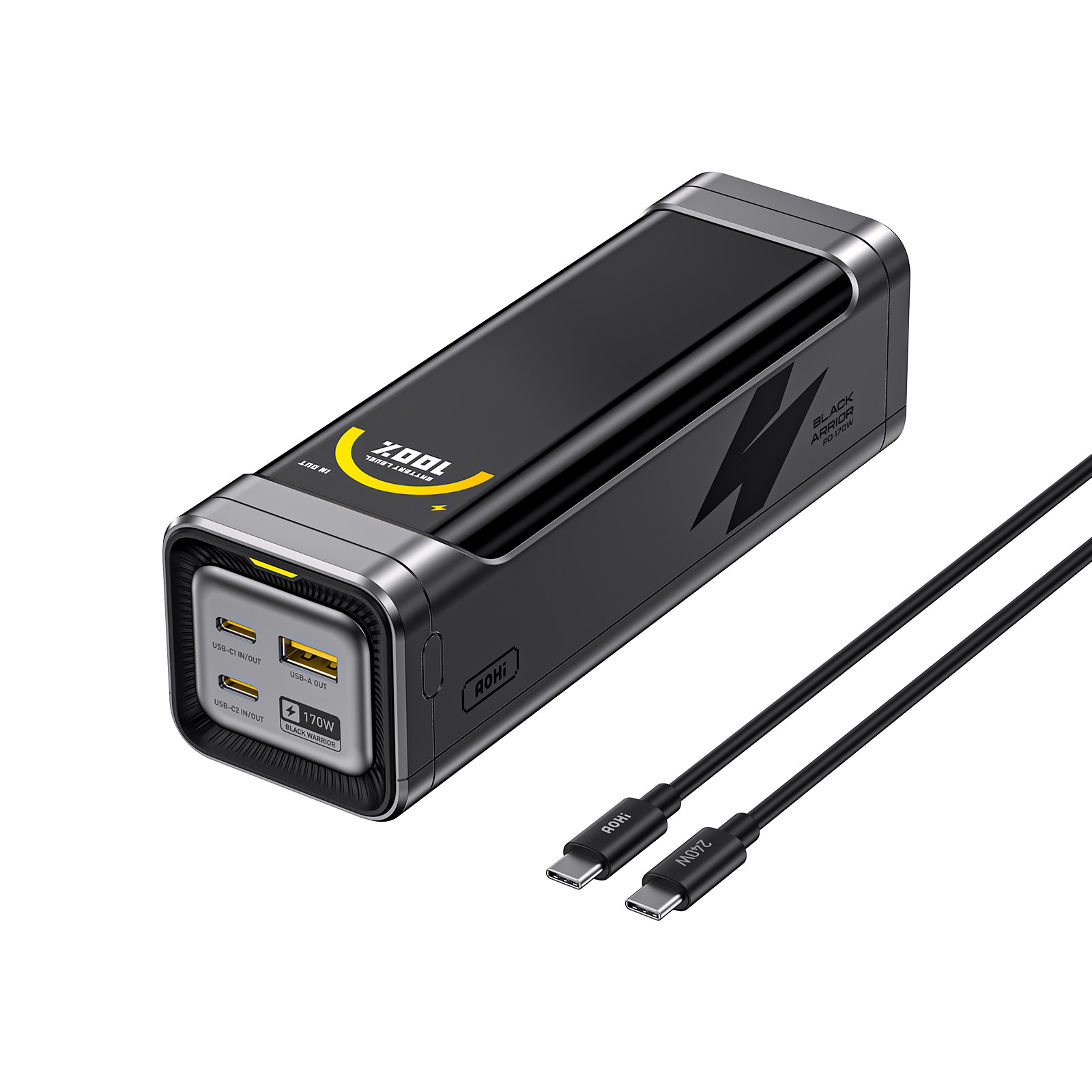 Şarjı %100 dolu siyah powerbank, iki USB-C ve bir USB-A bağlantı noktası.