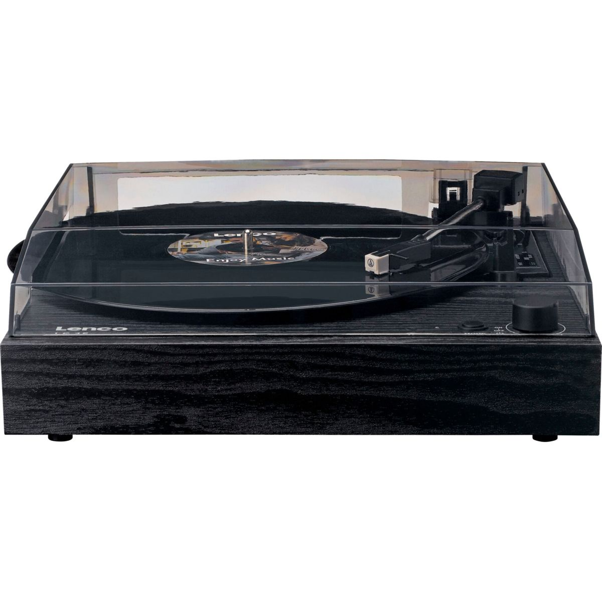 Black turntable with clear lid, playing a vinyl record with 'Enjoy Music'.
