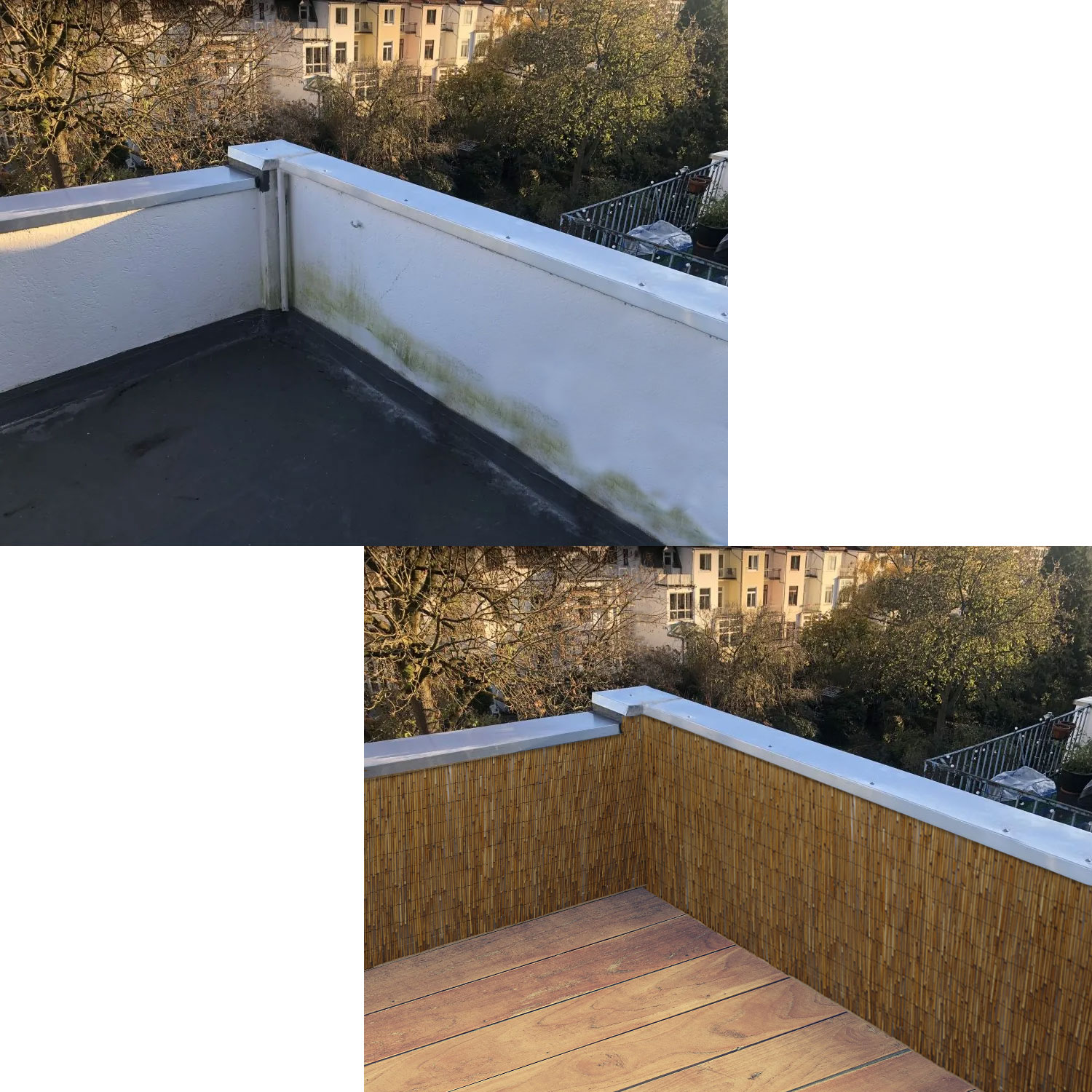 Balkon mit Holzverkleidung und Blick auf Häuser.