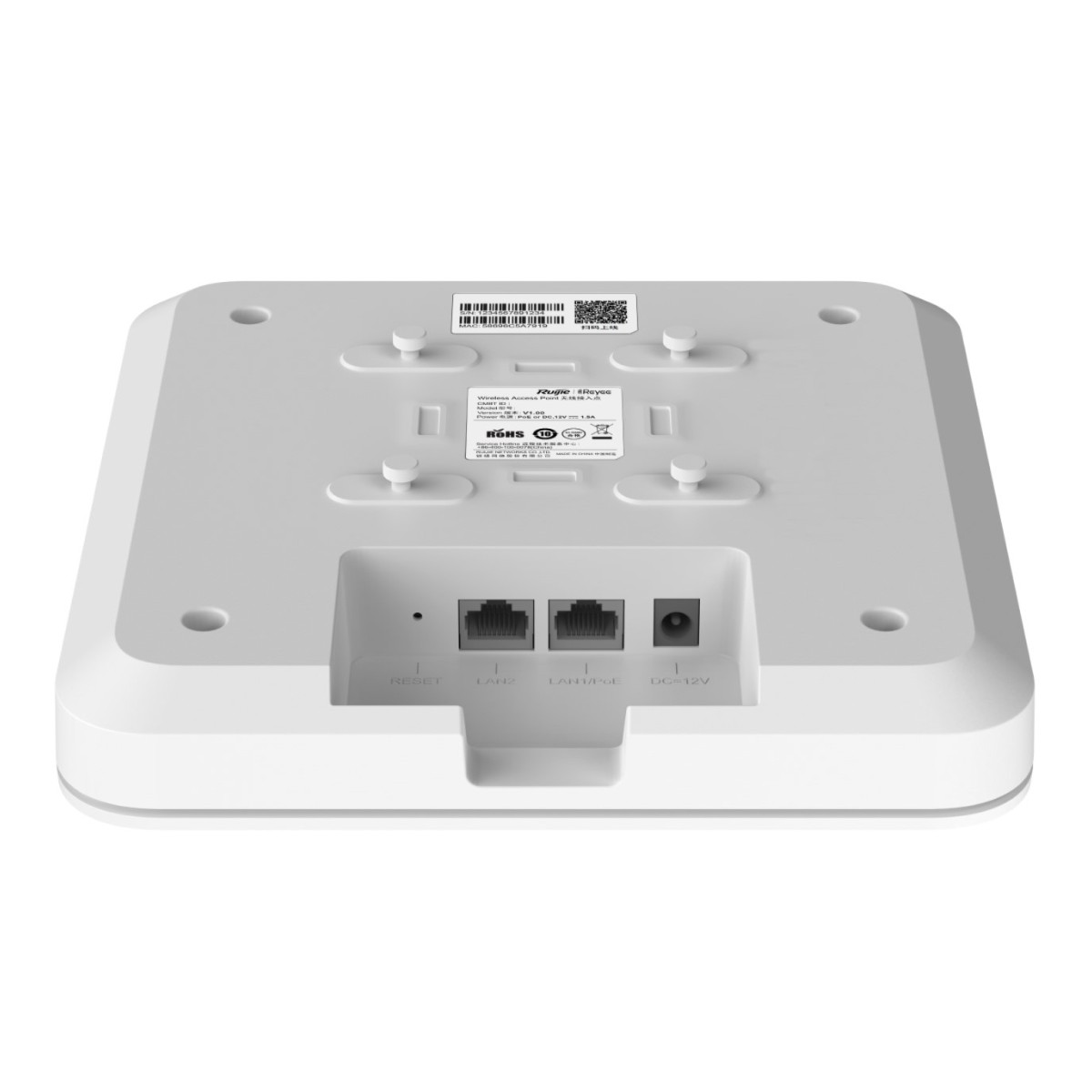 Sıfırlama, LAN1, LAN1/PoE ve DC-12V bağlantı noktalarını gösteren beyaz bir Wi-Fi erişim noktasının alt yüzü.