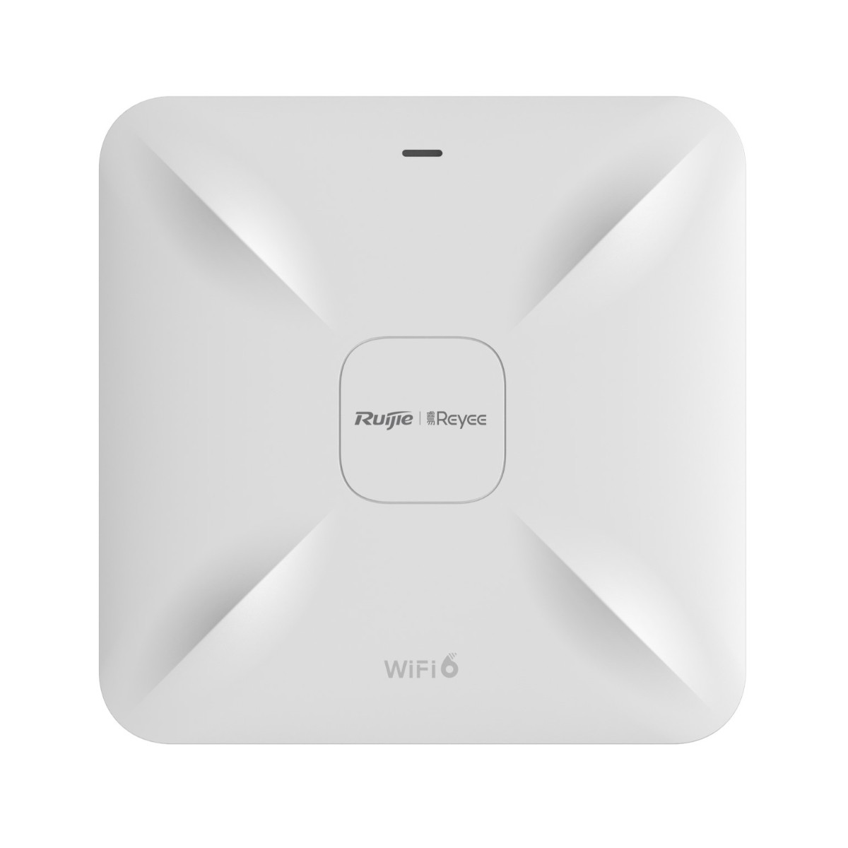Ruijie Reyee logosuna sahip beyaz, kare Wi-Fi 6 erişim noktası.