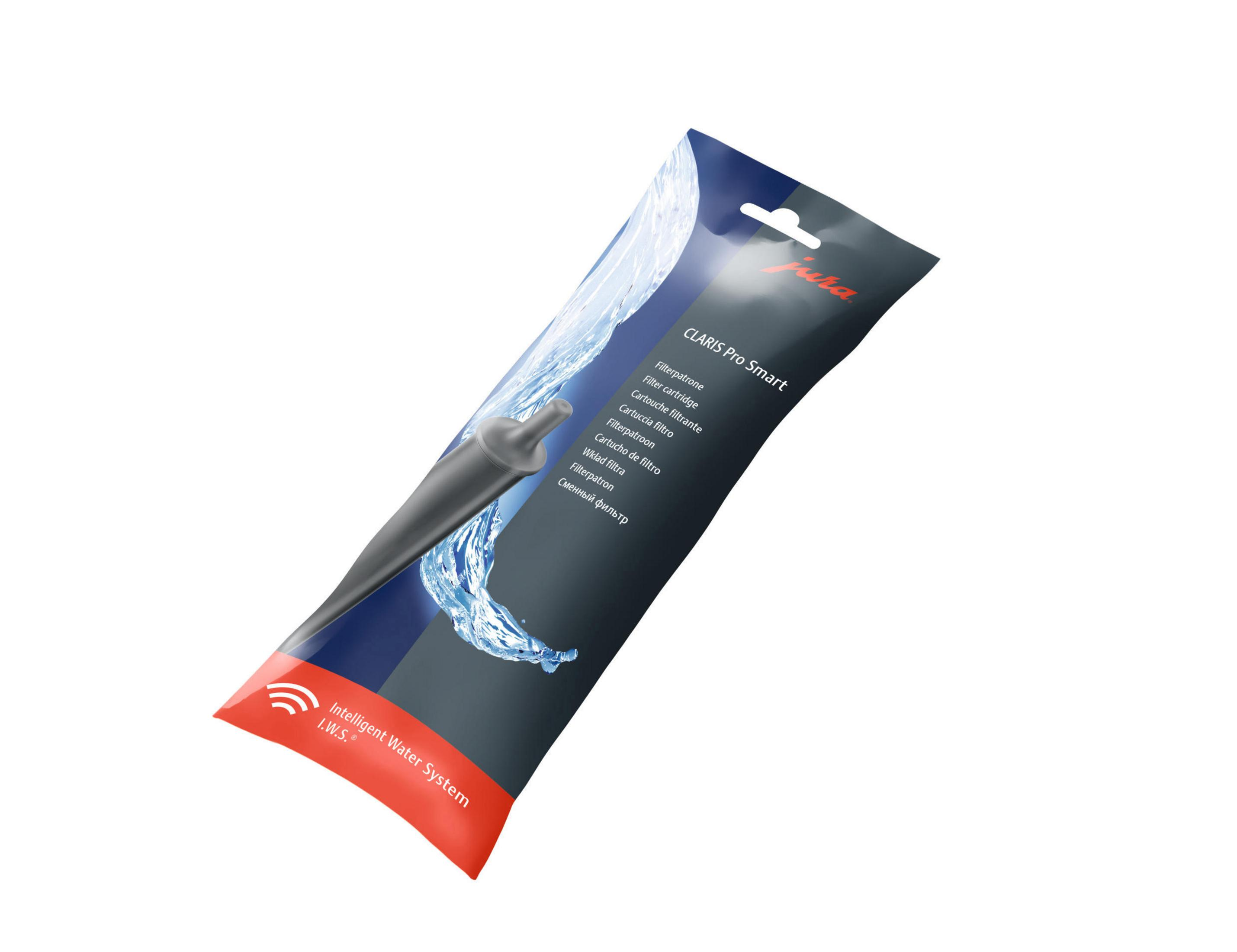 Cartuccia filtro acqua Jura CLARIS Pro Smart con design a spruzzo.
