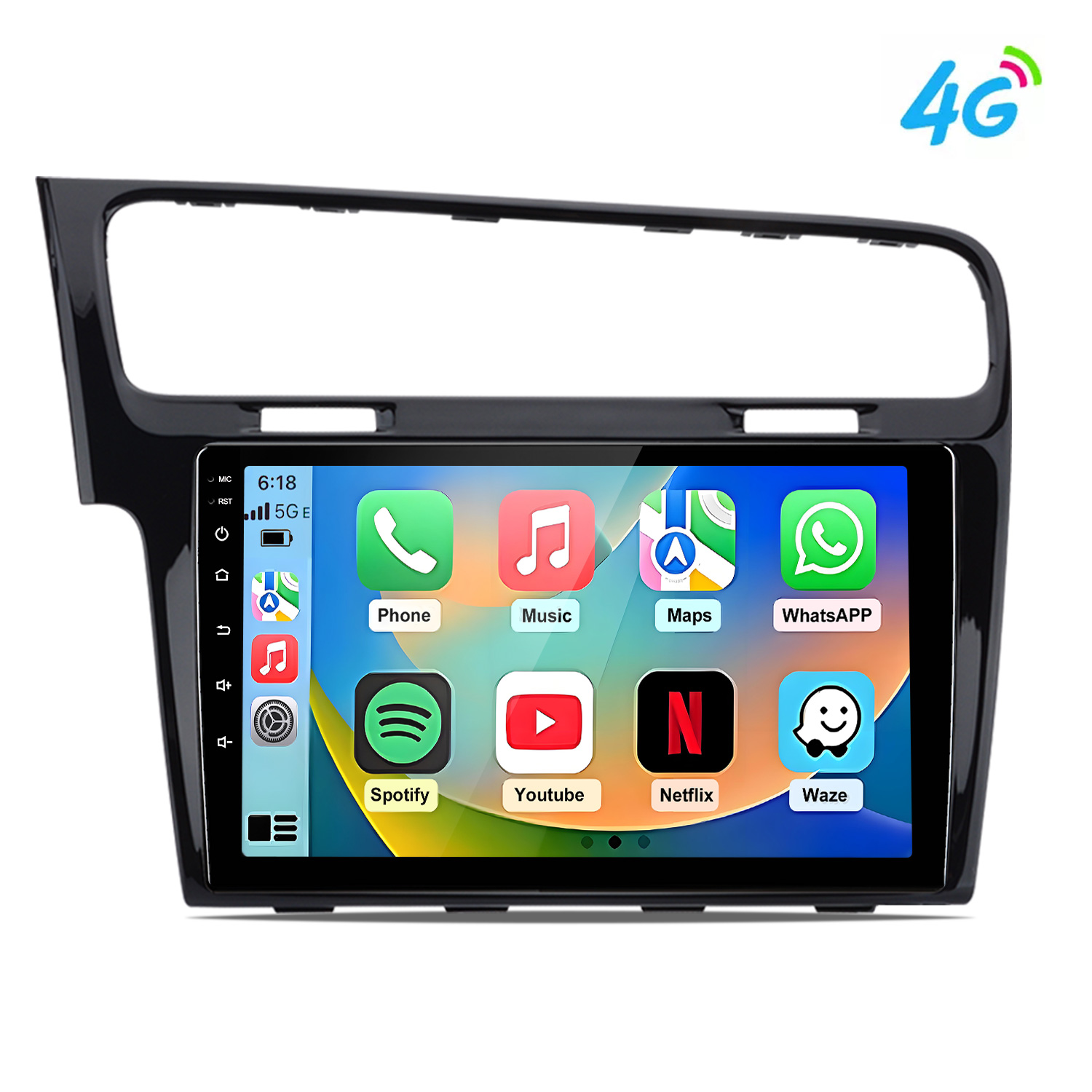 Uno schermo di infotainment per auto nero che mostra le icone delle app: Telefono, Musica, Mappe, WhatsApp, Spotify, YouTube, Netflix, Waze.