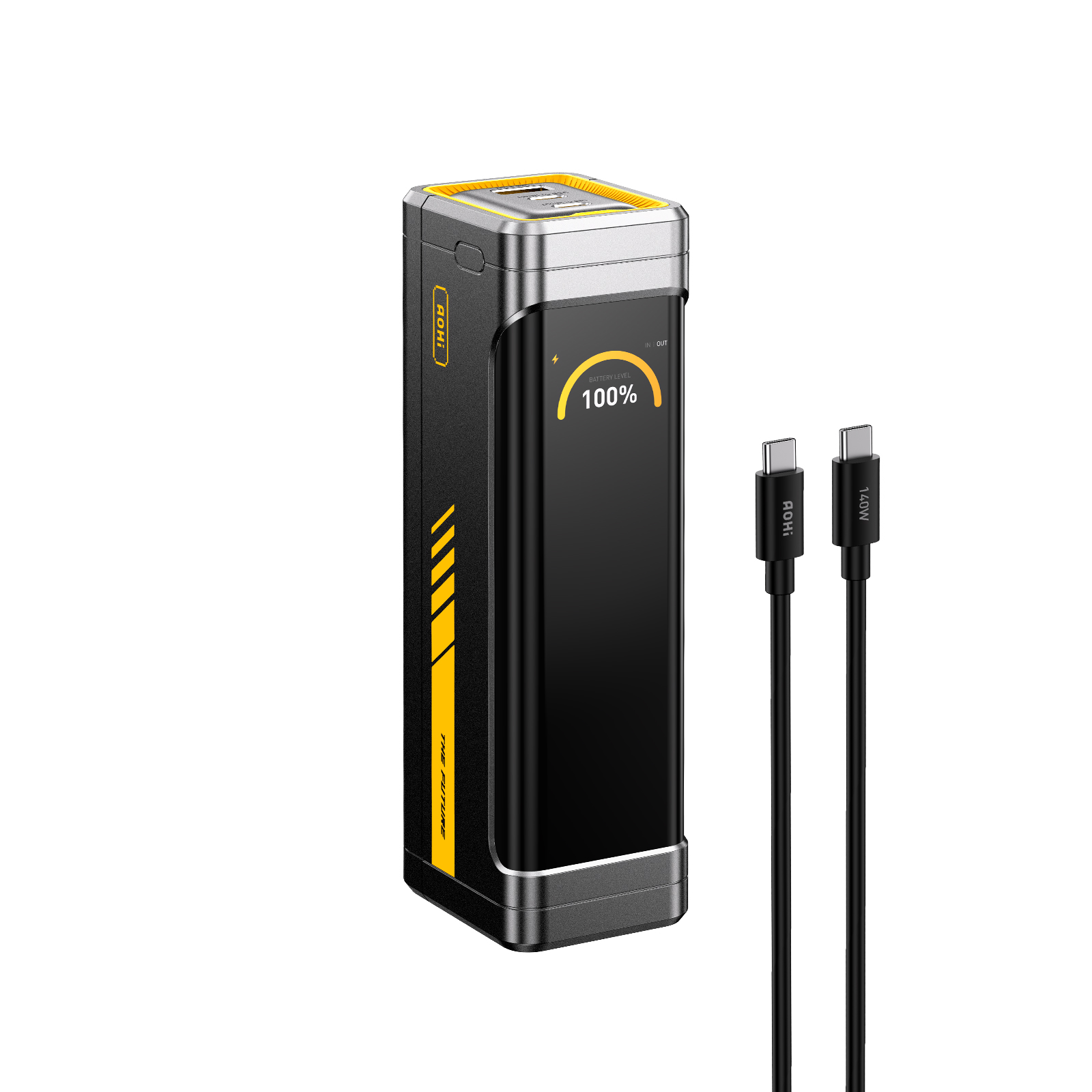 Sarı vurgulu ve şarj göstergeli siyah powerbank, yanında iki siyah USB-C kablosu.
