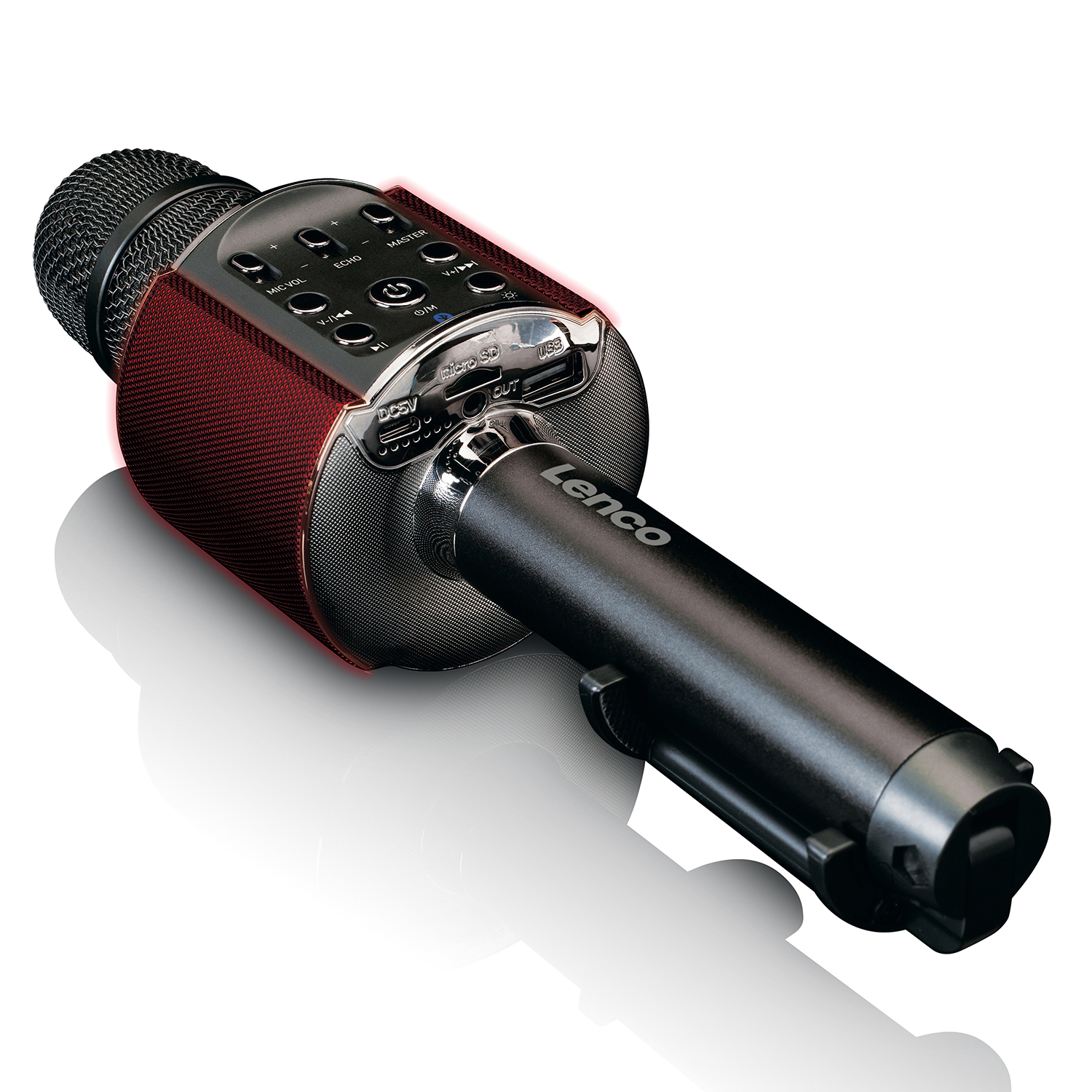 Een rood-zwarte Lenco microfoon met knoppen voor volume en echo.