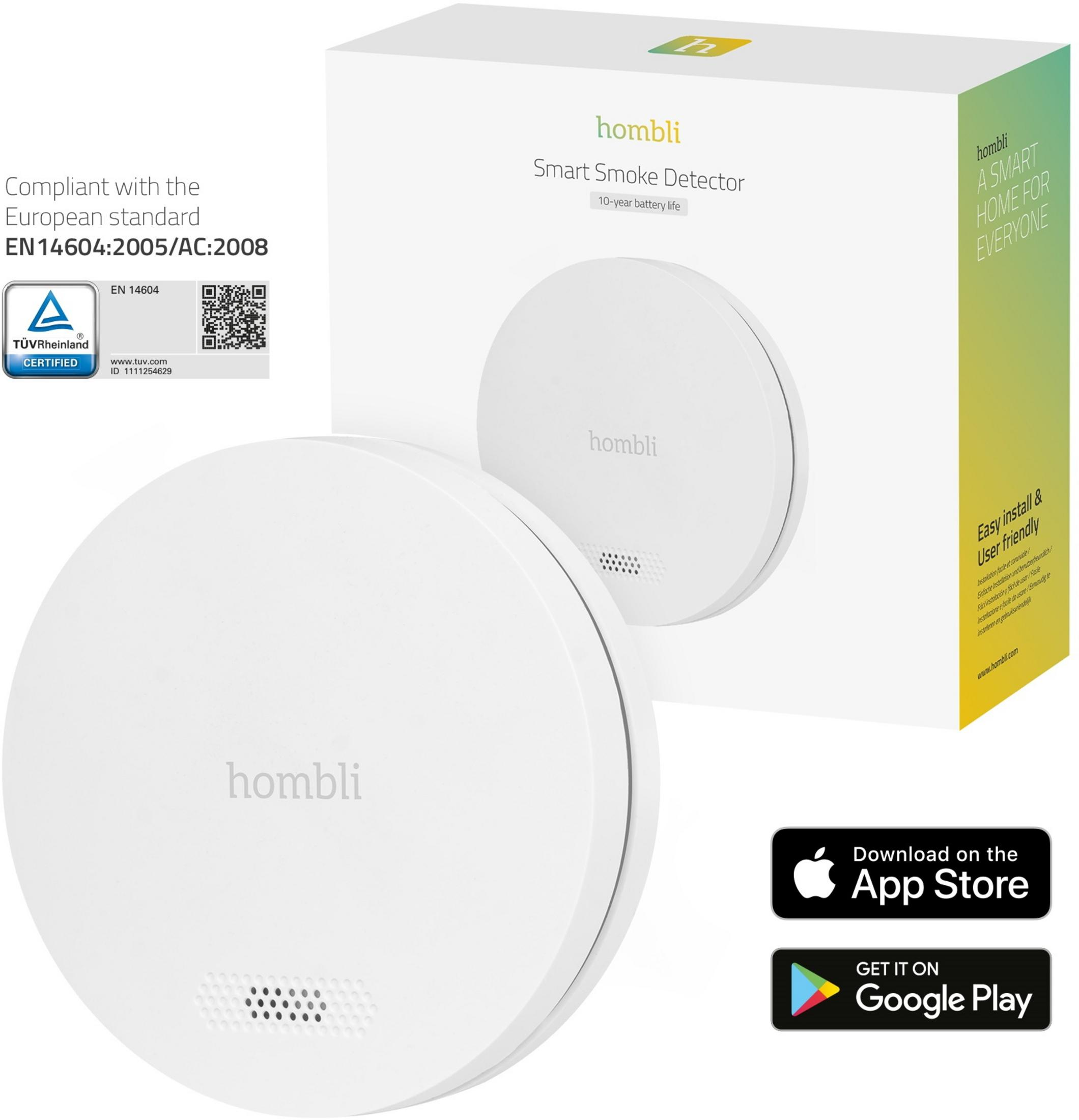 Ein weißer Hombli Rauchmelder mit Verpackung, App Store und Google Play.
