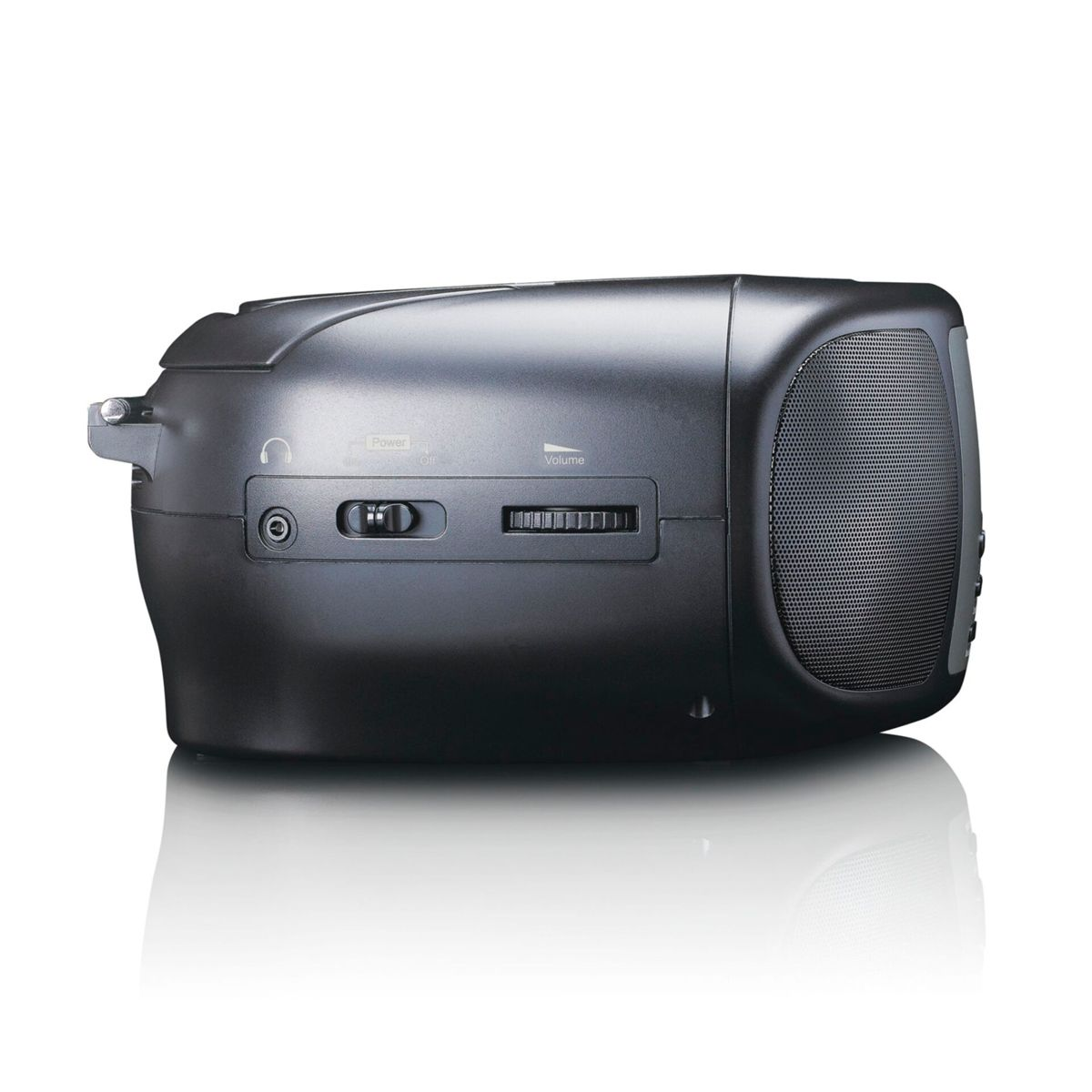 Black portable CD player with speaker, headphone jack, and volume control.