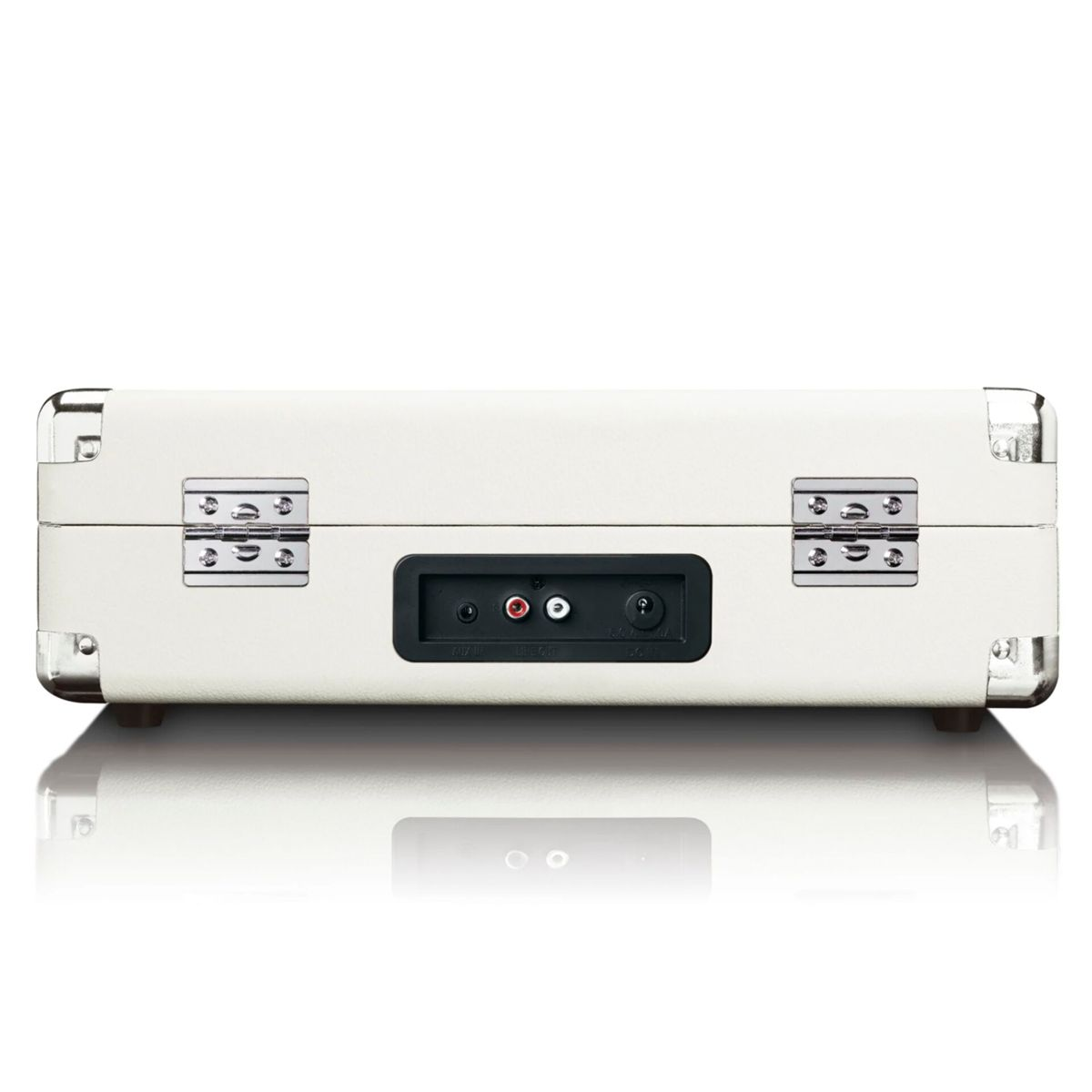 White turntable back with ports: Aux In, Audio Out, DC In.