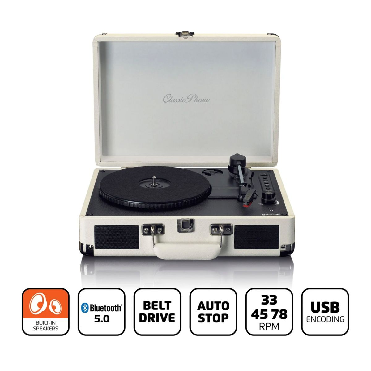 A cream-colored record player with its lid open. Features a black turntable and tonearm.