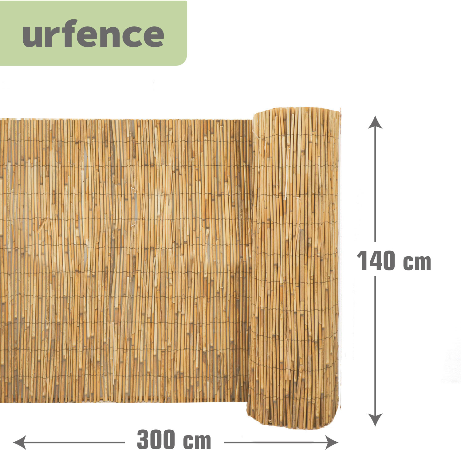 Gerolltes Bambusrollo, 300 cm breit und 140 cm hoch.
