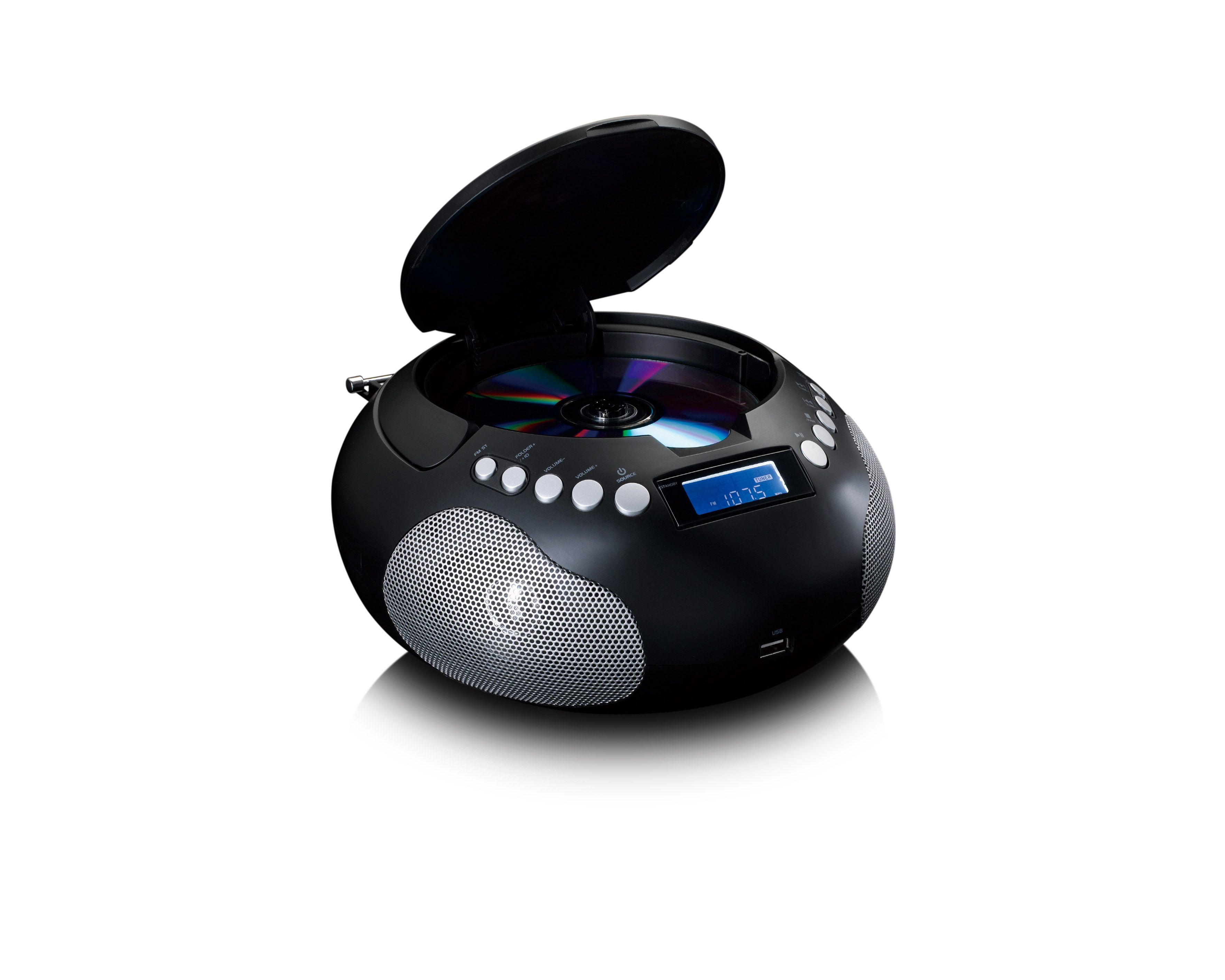 Un lecteur CD portable noir avec son couvercle ouvert, montrant le CD et les boutons.