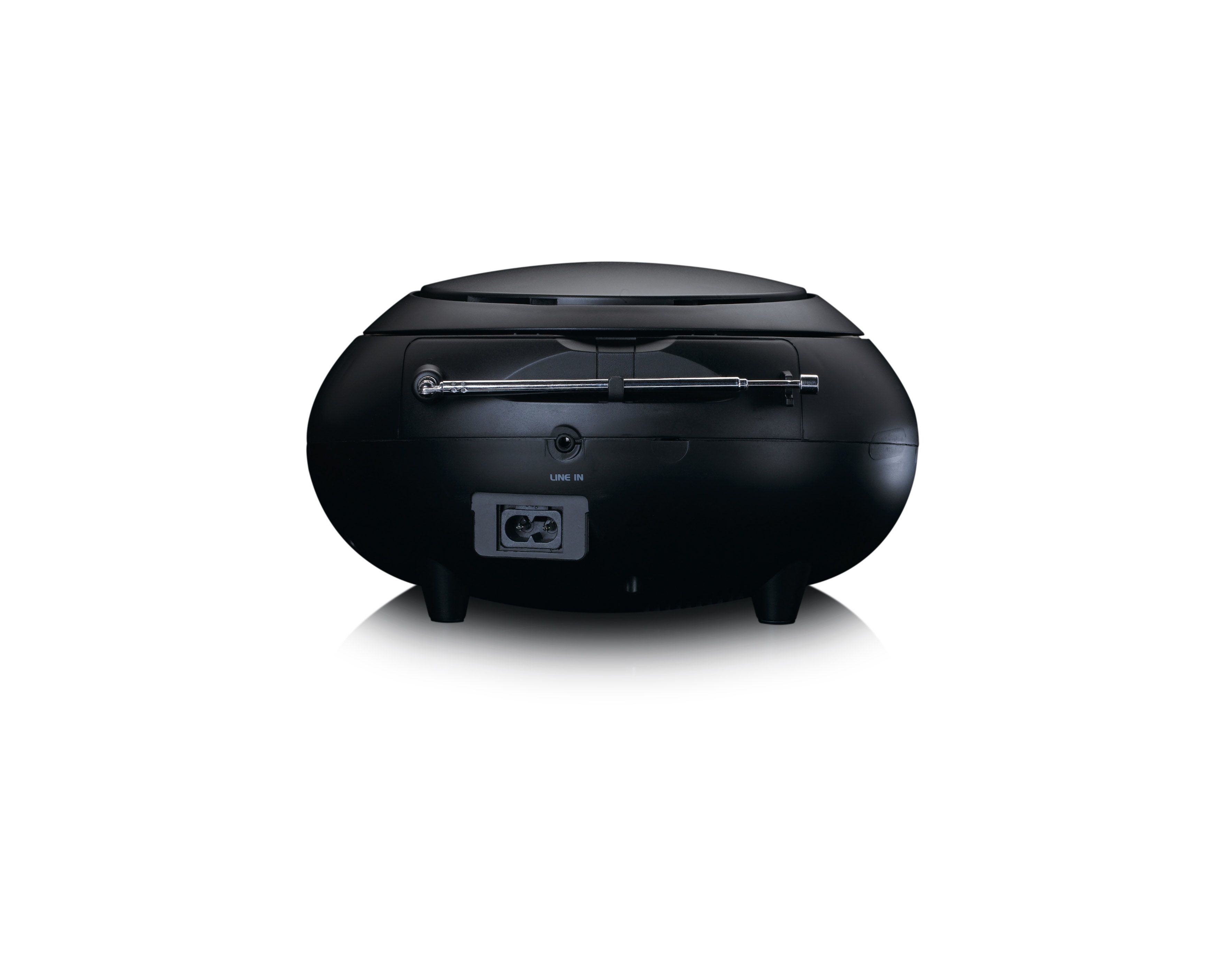 Lecteur CD portable noir avec antenne extensible et port d'entrée ligne.