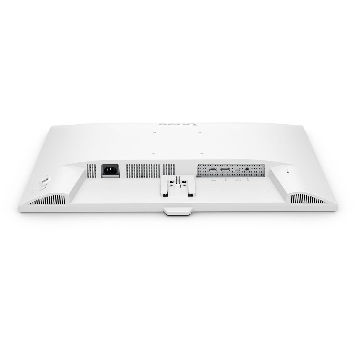 Back of a white monitor showing ports and ventilation slots.
