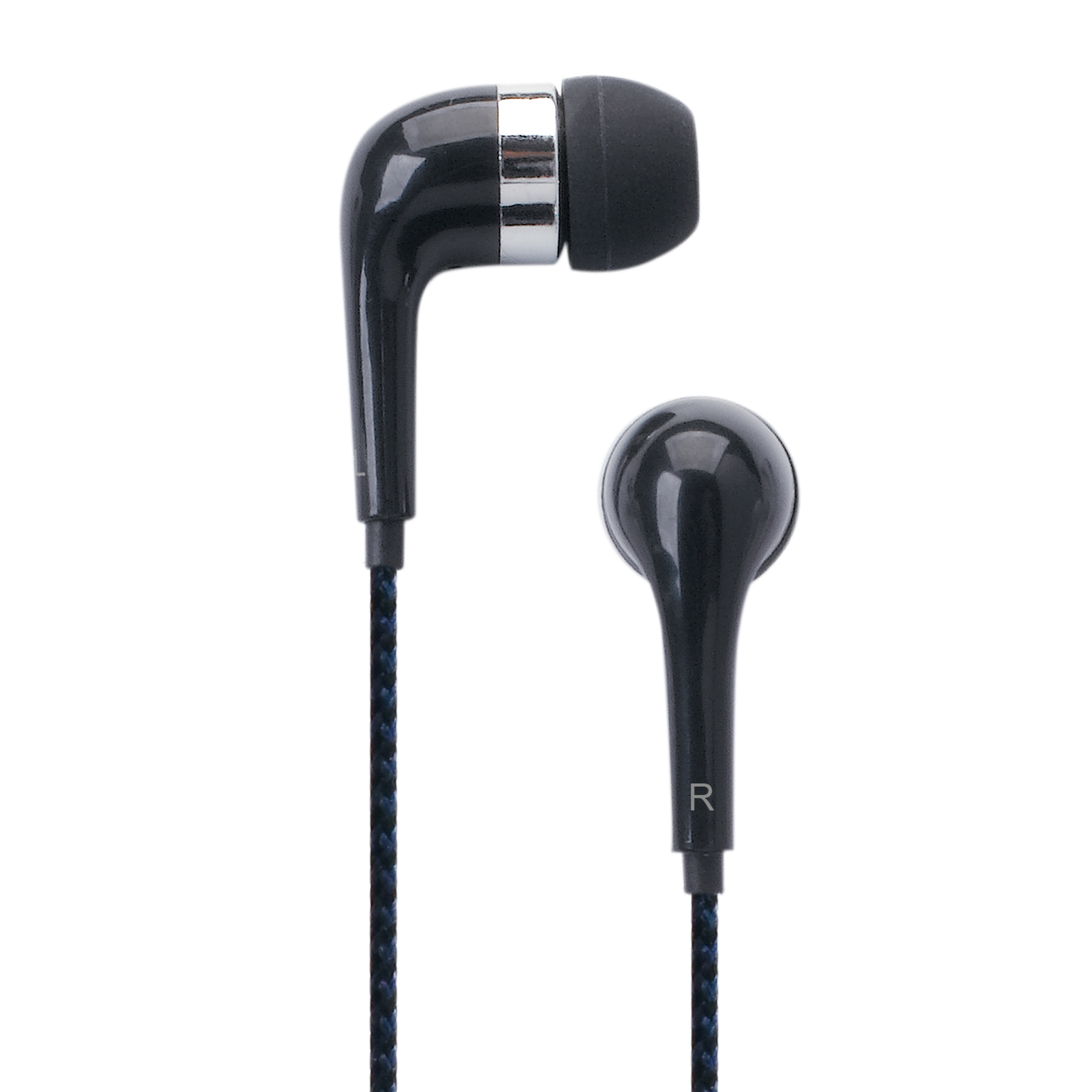 Czarne słuchawki douszne z plecionym kablem i srebrnymi akcentami.