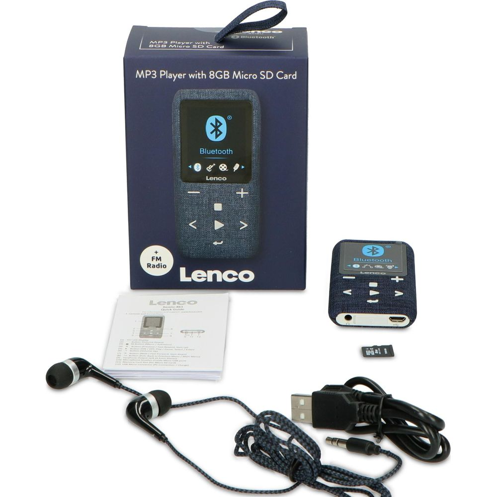 Odtwarzacz MP3 Lenco z kartą Micro SD 8GB, słuchawkami, kablem USB i instrukcją.