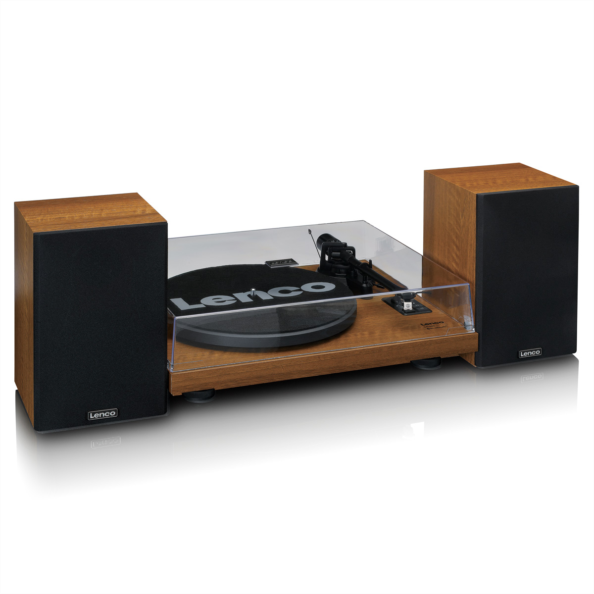 A wooden record player with two black speakers on a white background.