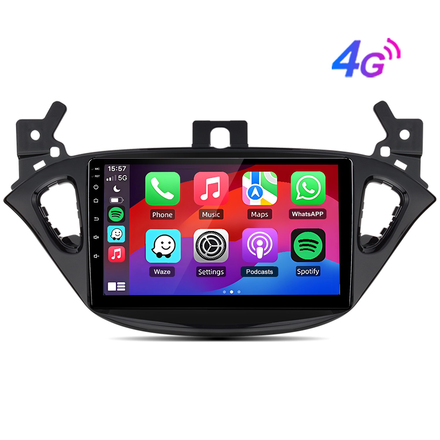 Schermo autoradio con app come Telefono, Musica, Mappe e WhatsApp. Simbolo 4G in alto.