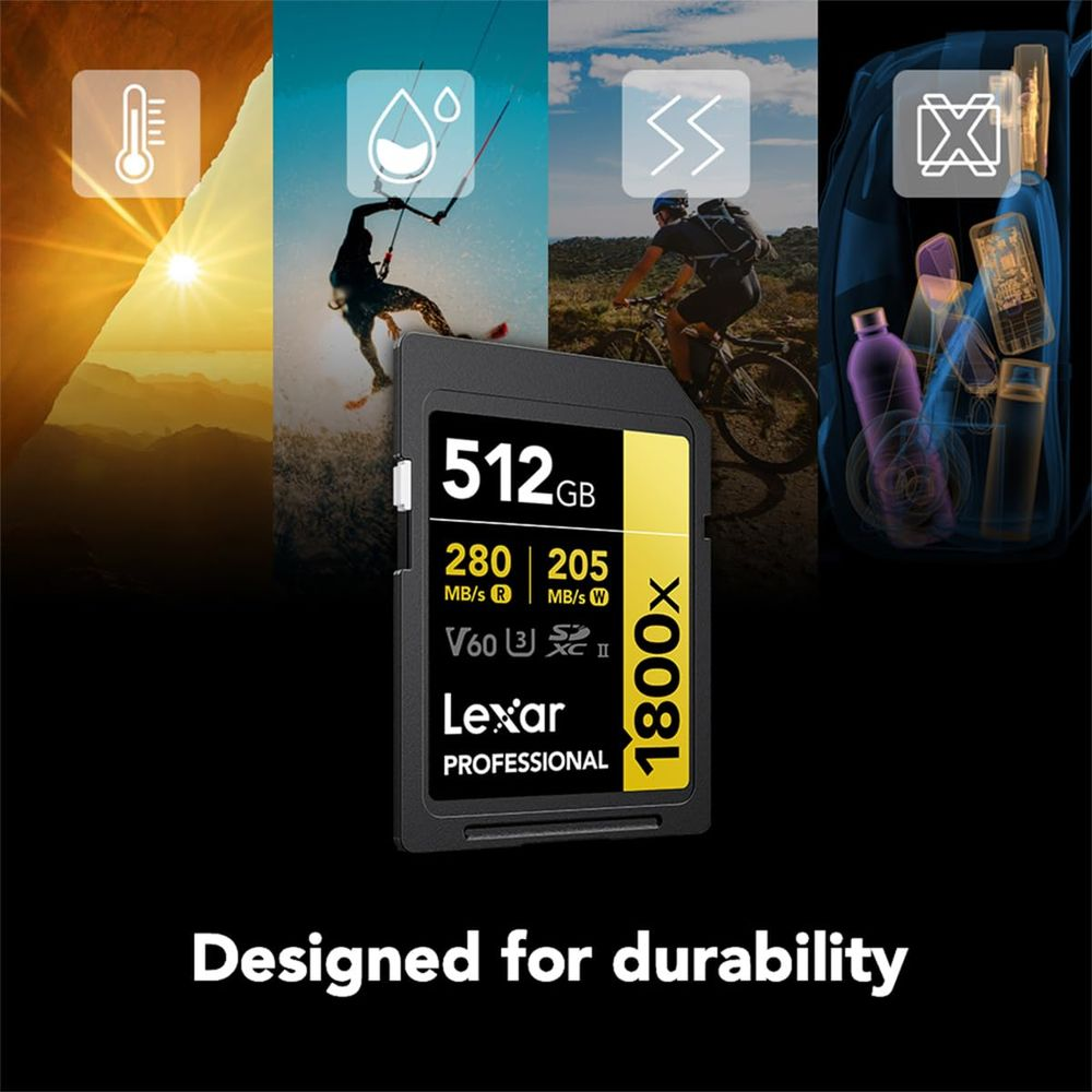 Scheda SD Lexar da 512GB, velocità 1800x, con icone per temperatura, acqua, vento e zaino.
