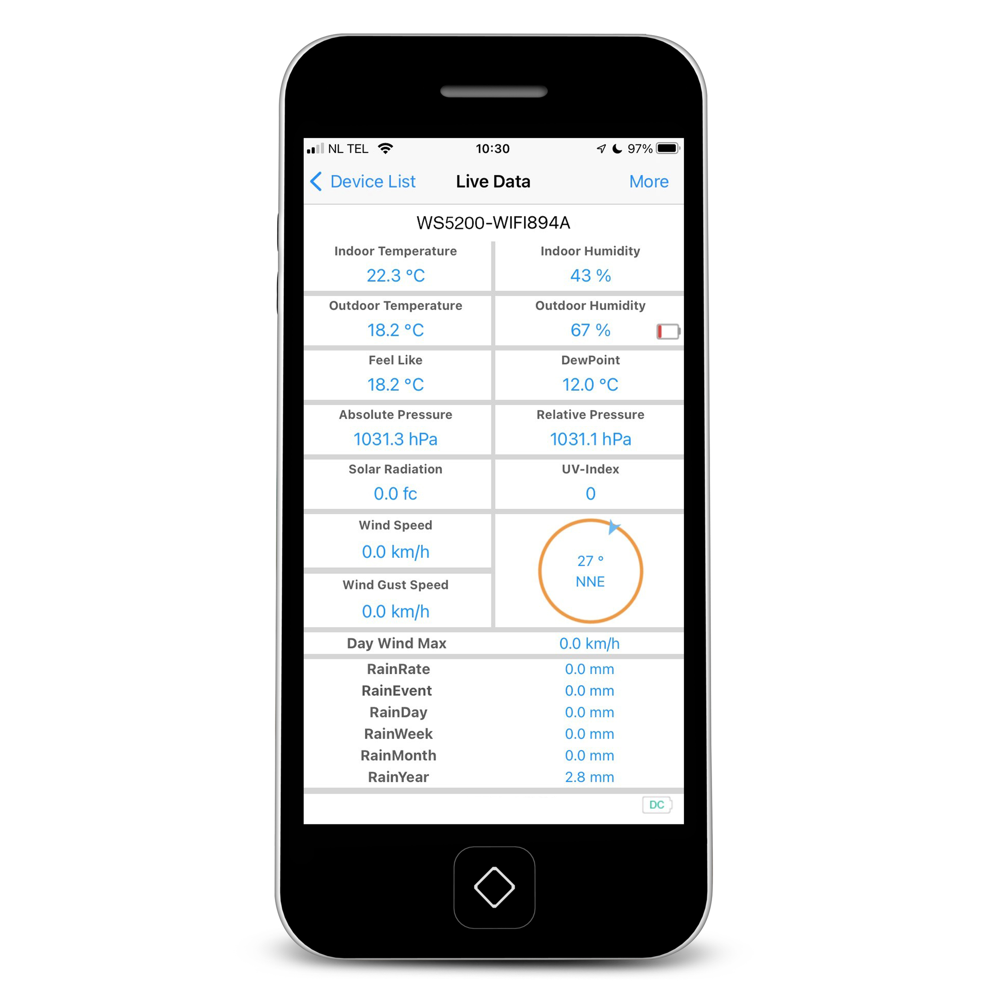 Das iPhone zeigt Wetterdaten: Innentemperatur 22.3°C, Außentemperatur 18.2°C, Luftfeuchtigkeit 43%.