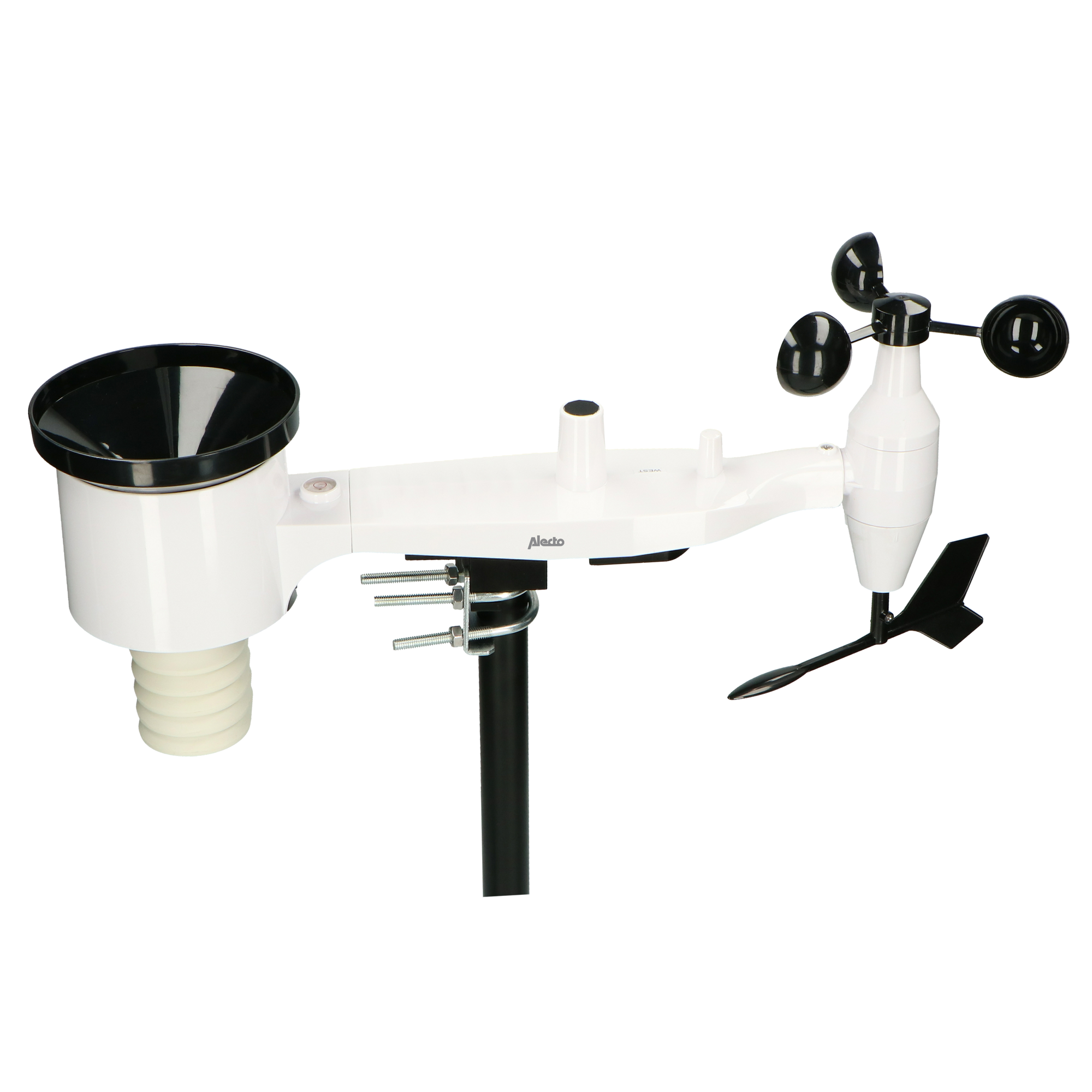 Ein weißes Wetterstation-Gerät mit einem Regenmesser und einem Anemometer.