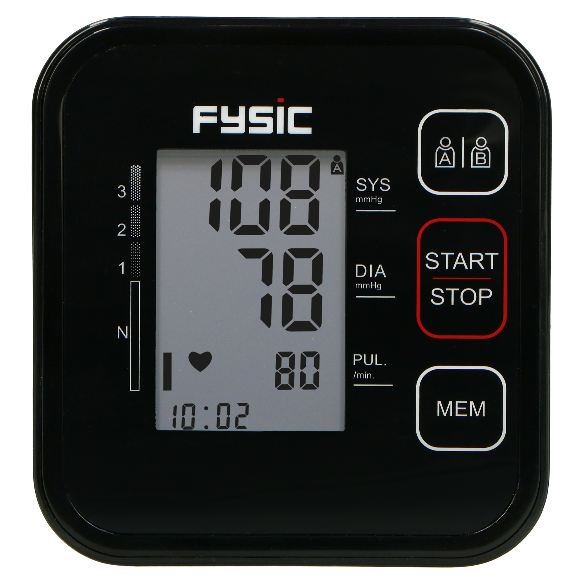Schwarzes Blutdruckmessgerät mit digitalem Display zeigt 108/78 mmHg und 80 Schläge/Min.