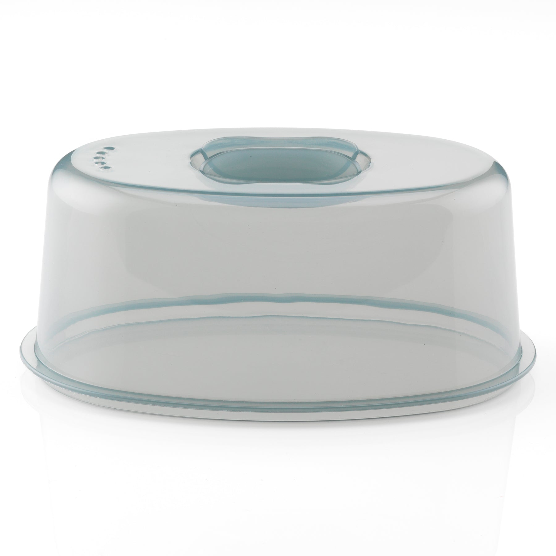 Cúpula de pastel transparente con borde azul claro y asa.