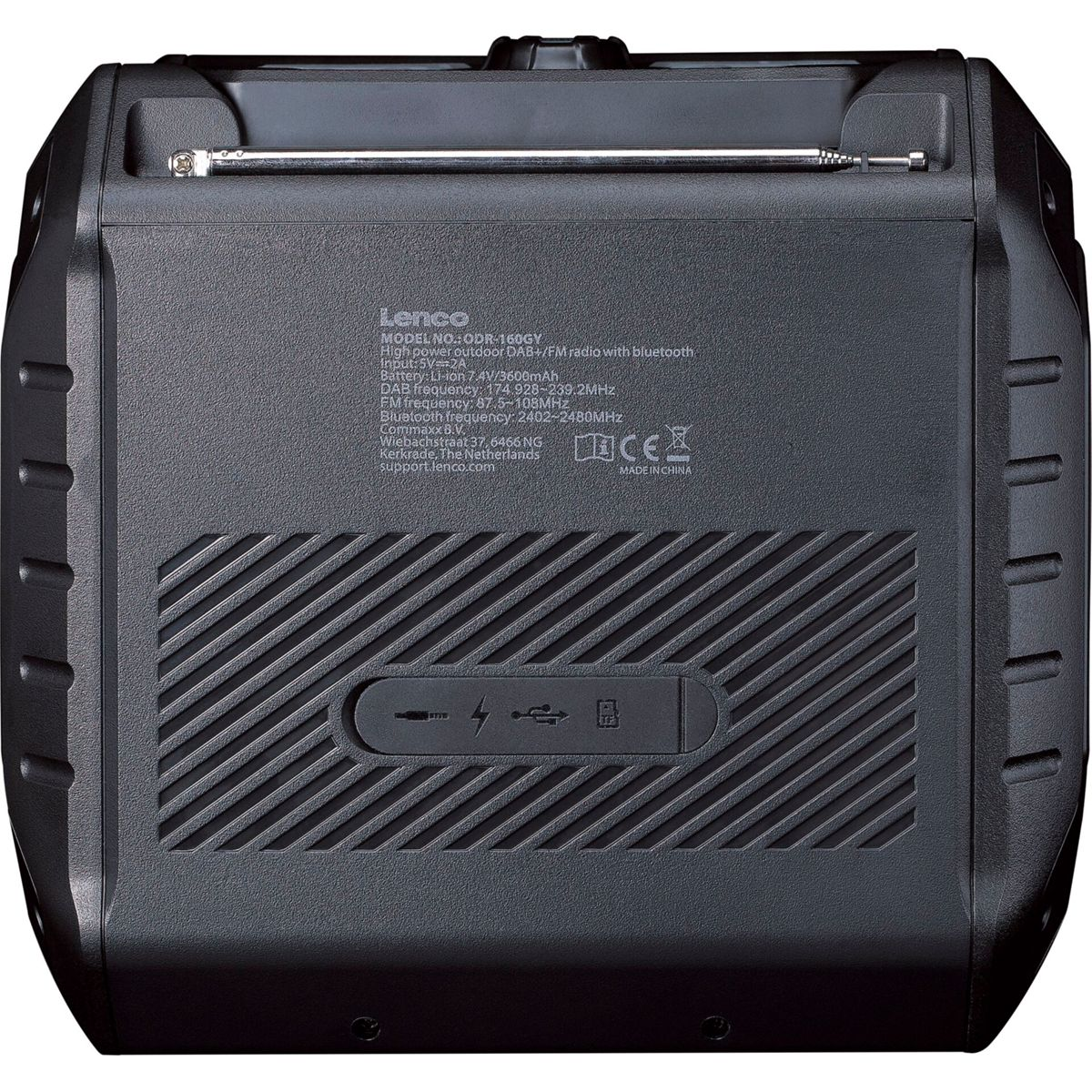 Tył czarnego radia Lenco outdoor z chowaną anteną i ikonami łączności.