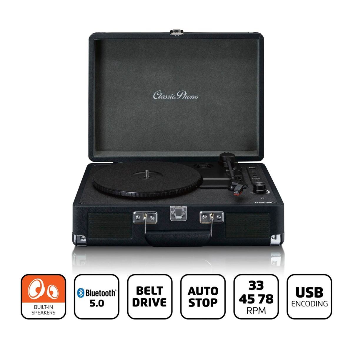 Zwarte platenspeler in koffer-stijl met open deksel, met iconen voor luidsprekers, Bluetooth en aandrijving.