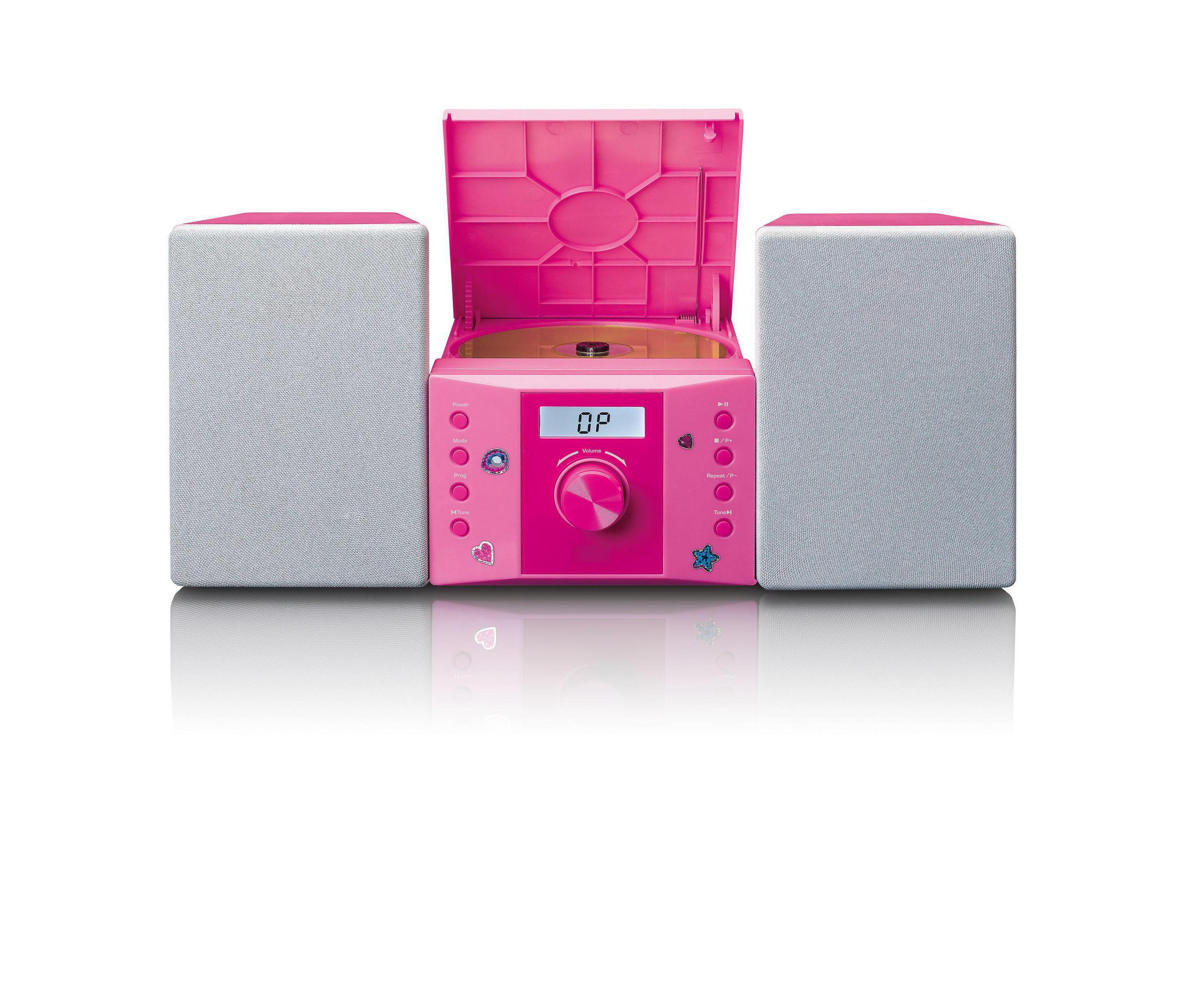 Ein pinker CD-Player mit zwei grauen Lautsprechern, offen.