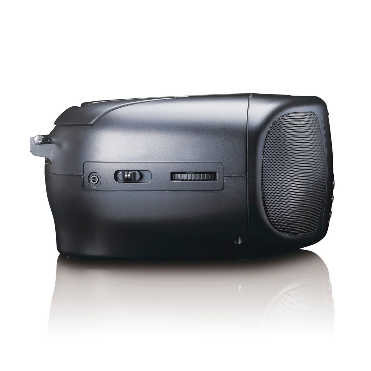 Czarno-przenośne radio z głośnikiem po prawej i sterowaniem z boku.