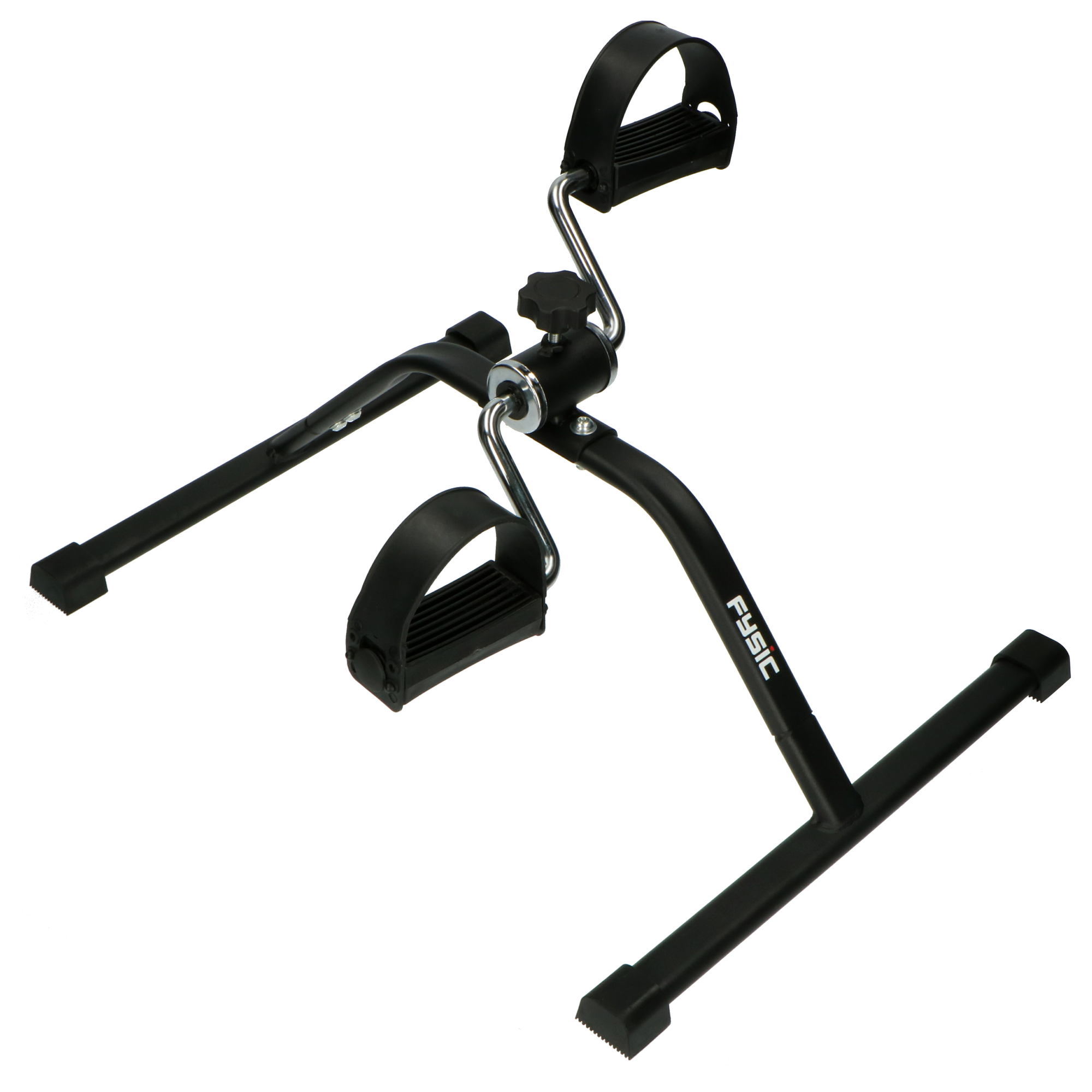 Ein schwarzes, tragbares Fitnesspedal mit silbernen Kurbeln und schwarzen Fußschlaufen.
