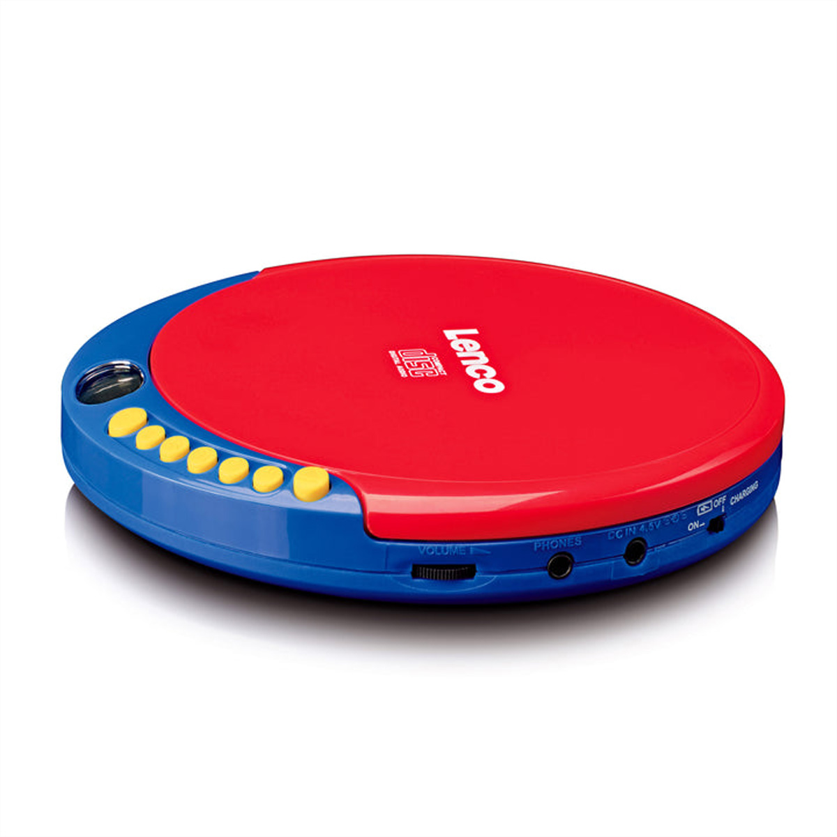 Ein roter und blauer Lenco CD-Player mit gelben Tasten.