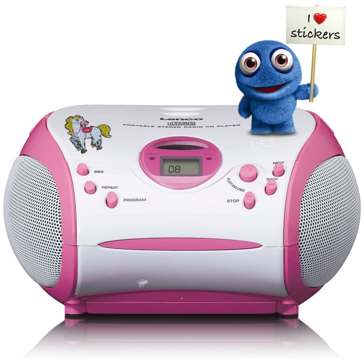 Niebieski potwór trzyma znak „Kocham naklejki” nad różowo-białym odtwarzaczem CD.