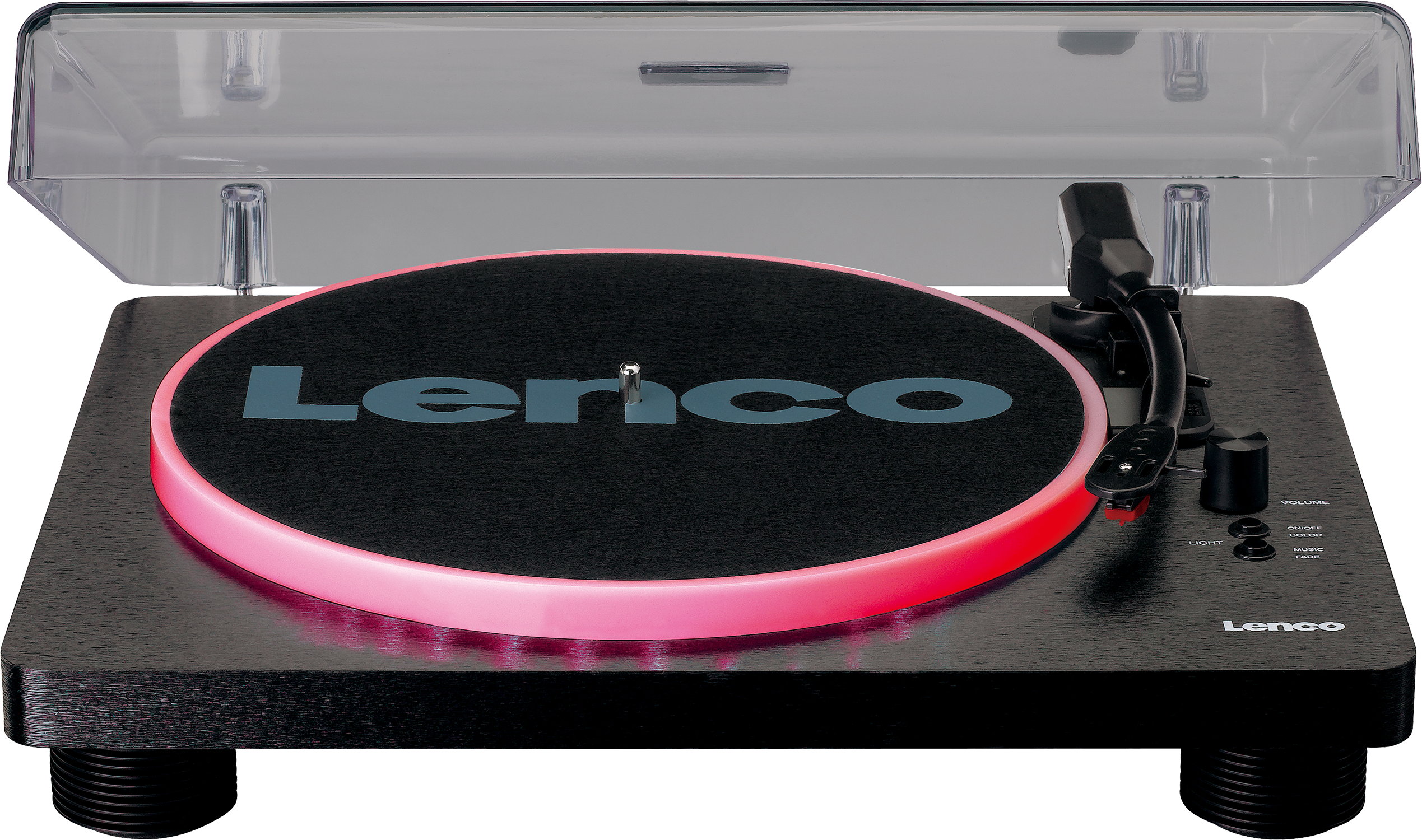 Czarny gramofon z czerwonym pierścieniem świetlnym, logo Lenco i otwartą pokrywą.