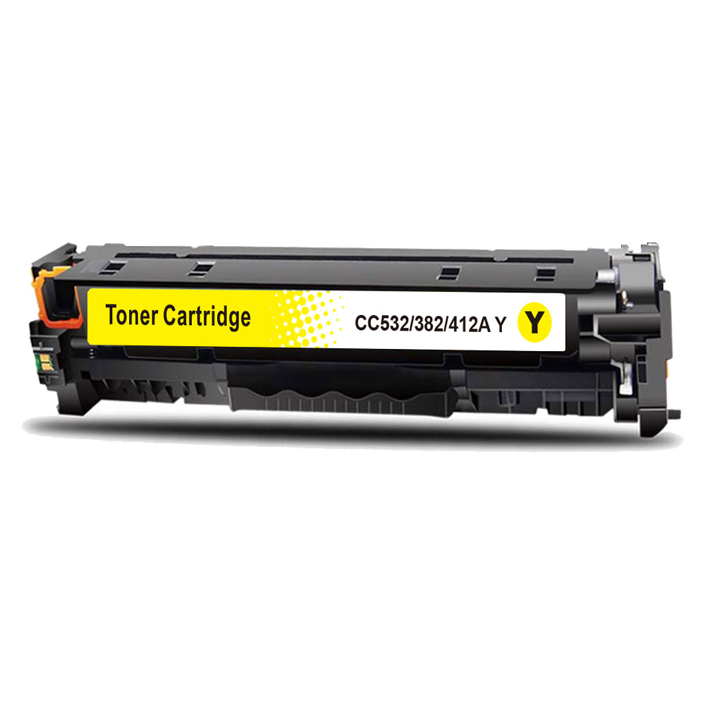 Gelbe Tonerkartusche mit Beschriftung "Toner Cartridge" und Modellnummer.