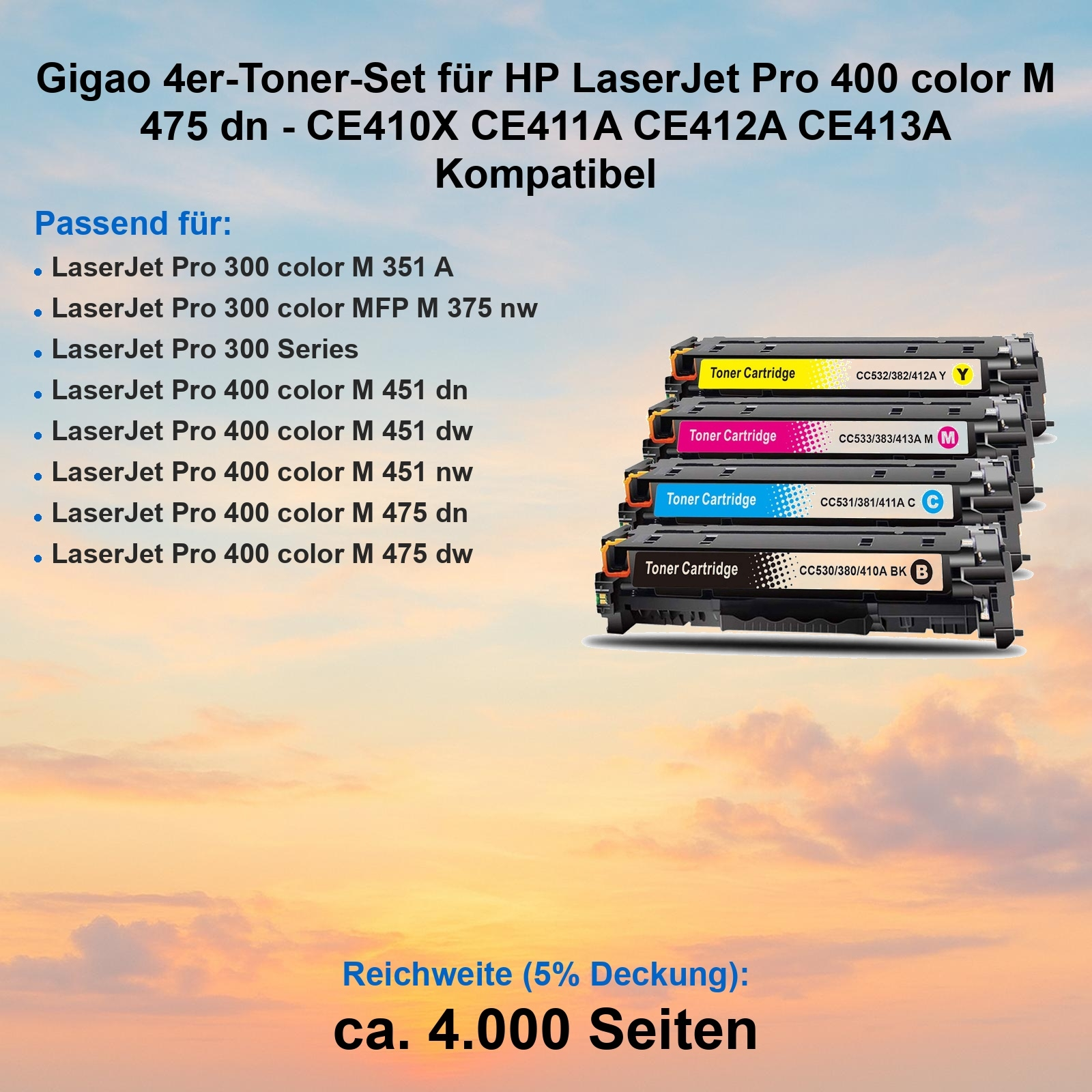 Vier HP LaserJet Pro 400 Color M 475 dn Toner: Gelb, Magenta, Cyan, Schwarz.