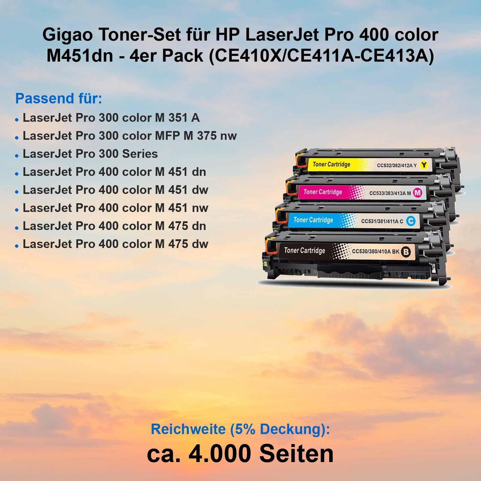 Vier HP LaserJet Pro 400 Tonerpatronen: Cyan, Magenta, Gelb und Schwarz.
