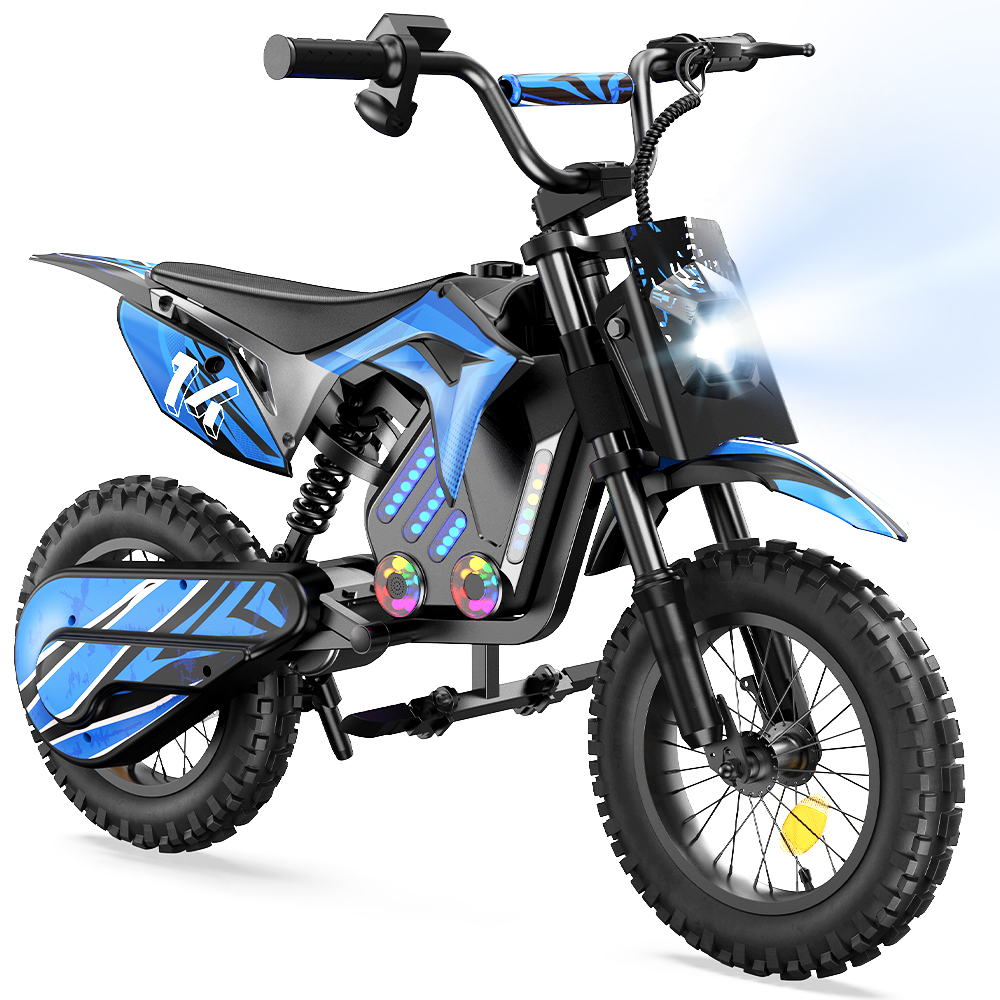 Ein blau-schwarzes Elektro-Dirtbike mit leuchtenden Lichtern und Reifen.