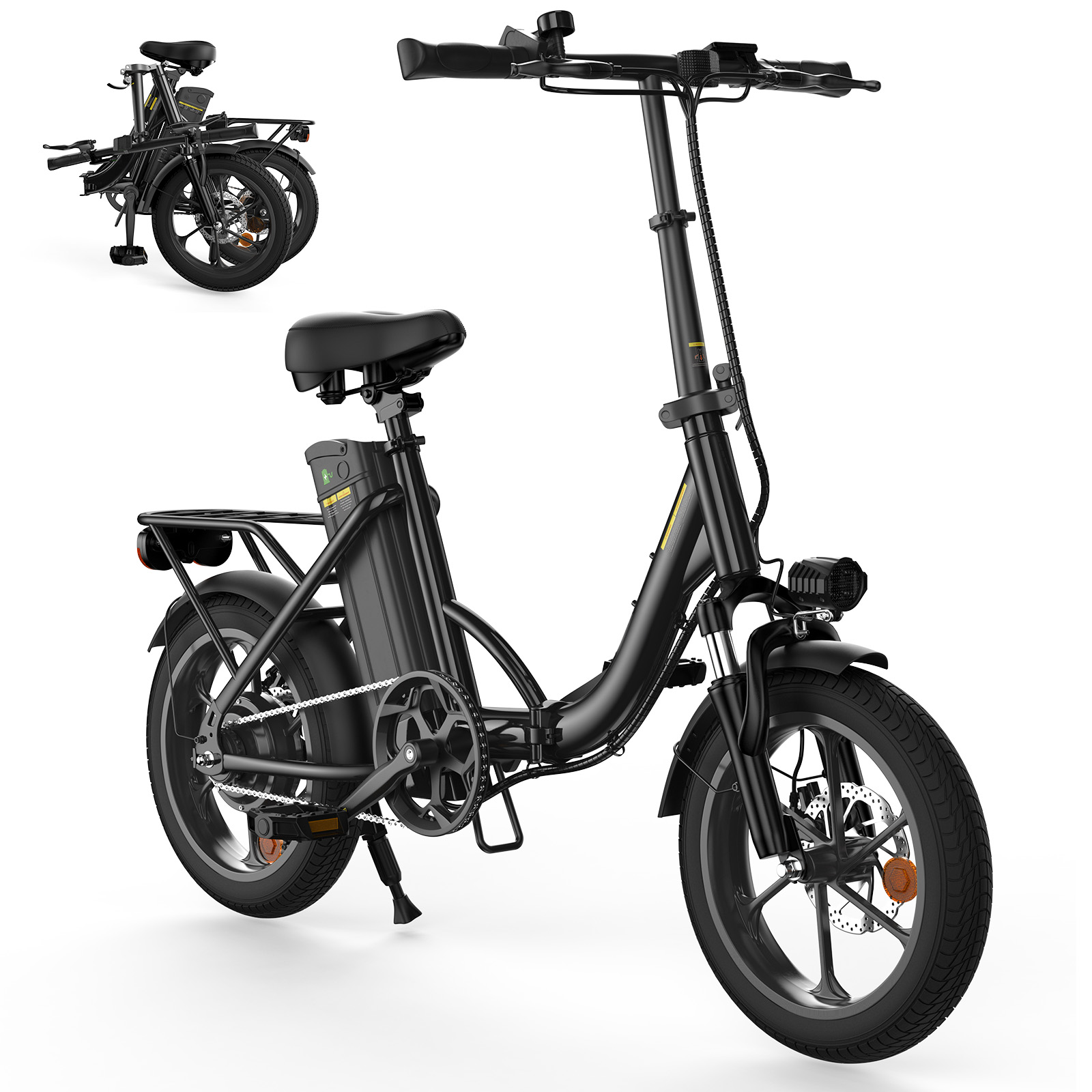 Bici elettrica pieghevole nera con portapacchi, batteria e fanale anteriore.