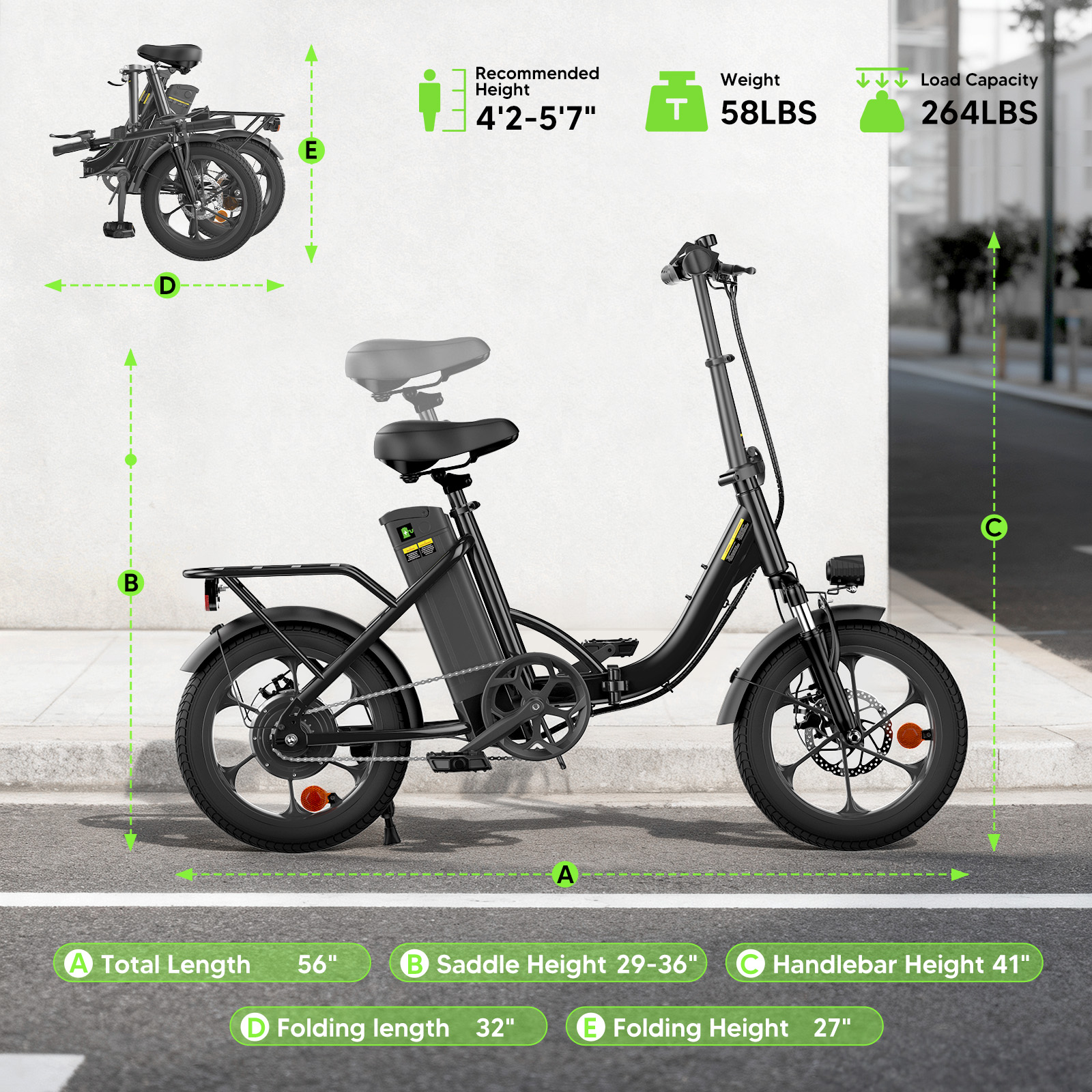 Una bicicletta elettrica pieghevole nera con dimensioni: Lunghezza totale 56", Altezza sella 29-36".