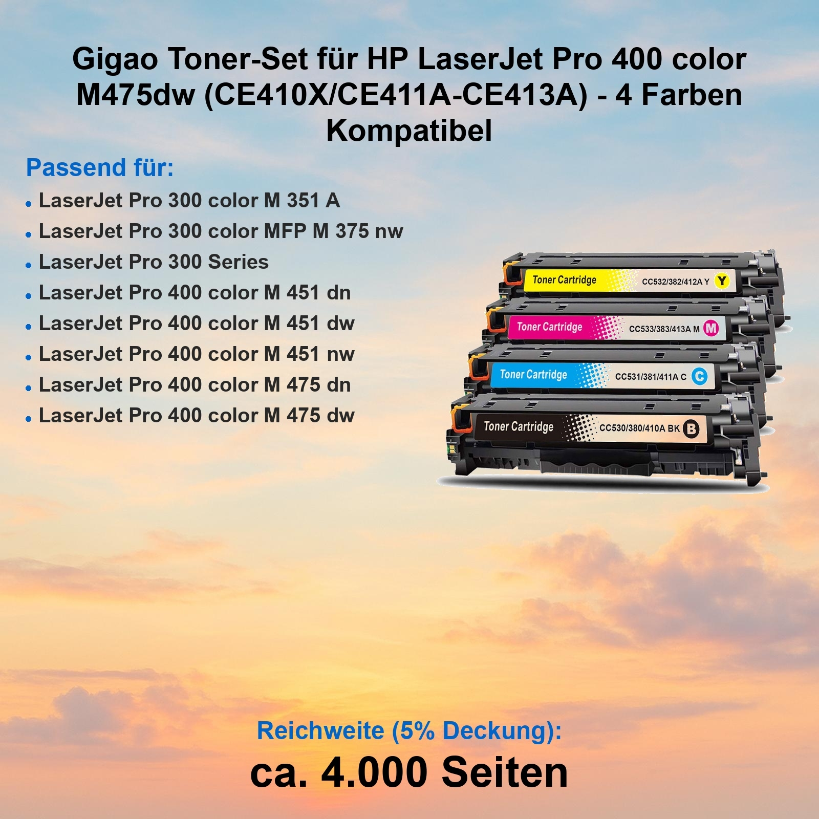 Vier HP LaserJet Pro 400 Tonerpatronen: Gelb, Magenta, Cyan, Schwarz.