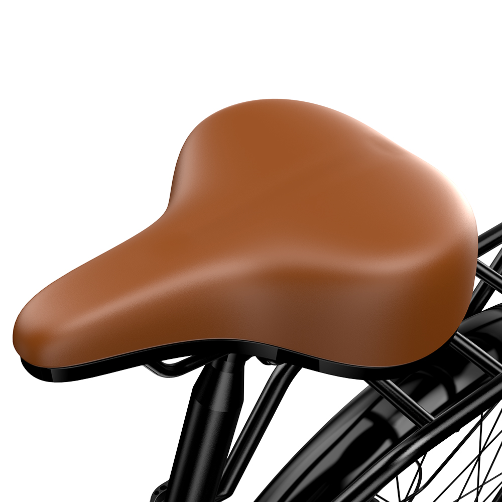 Ein brauner Fahrradsattel auf einem schwarzen Fahrrad mit weißem Hintergrund.
