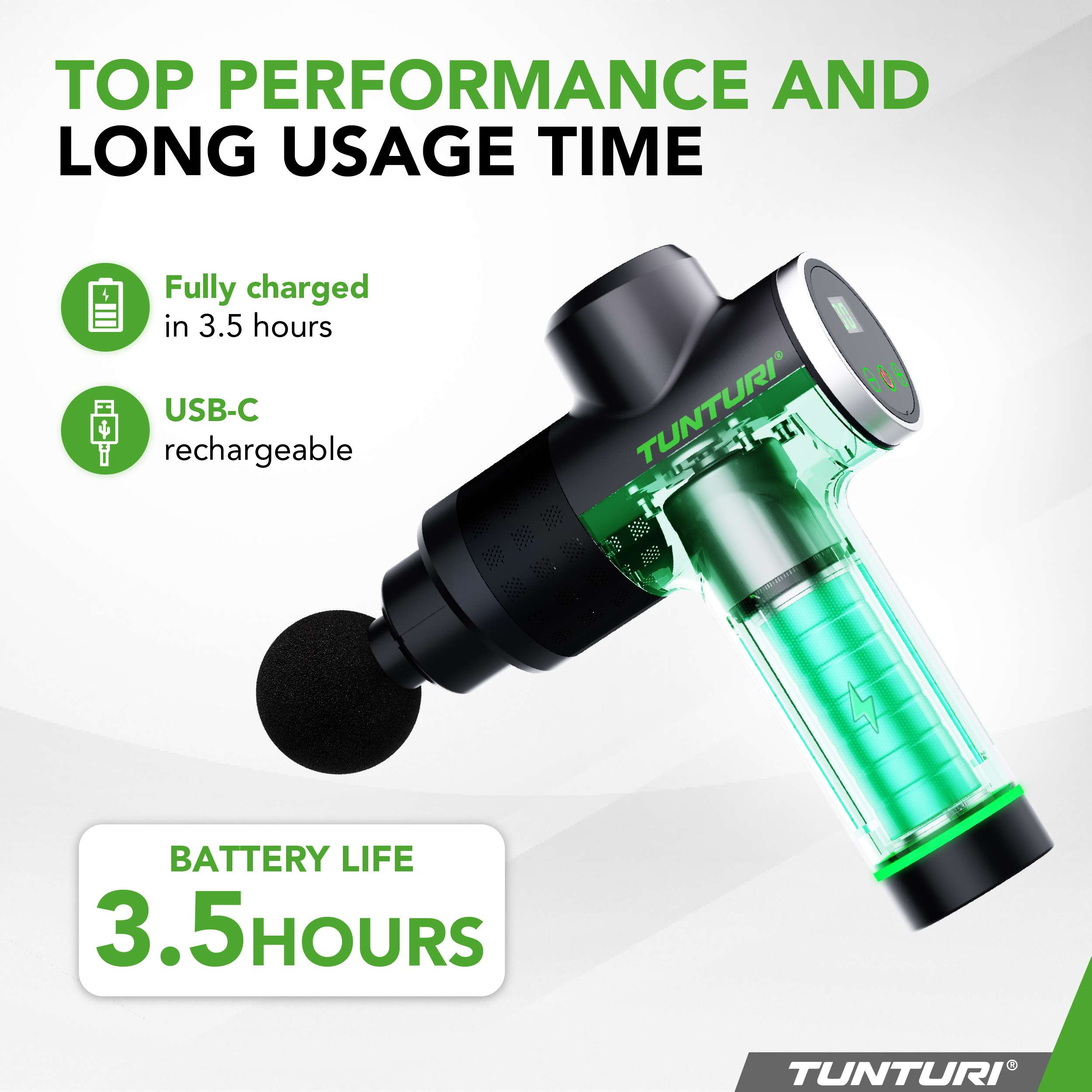 Massagepistool met batterij en laadindicator. "Top Performance & Long Usage Time."