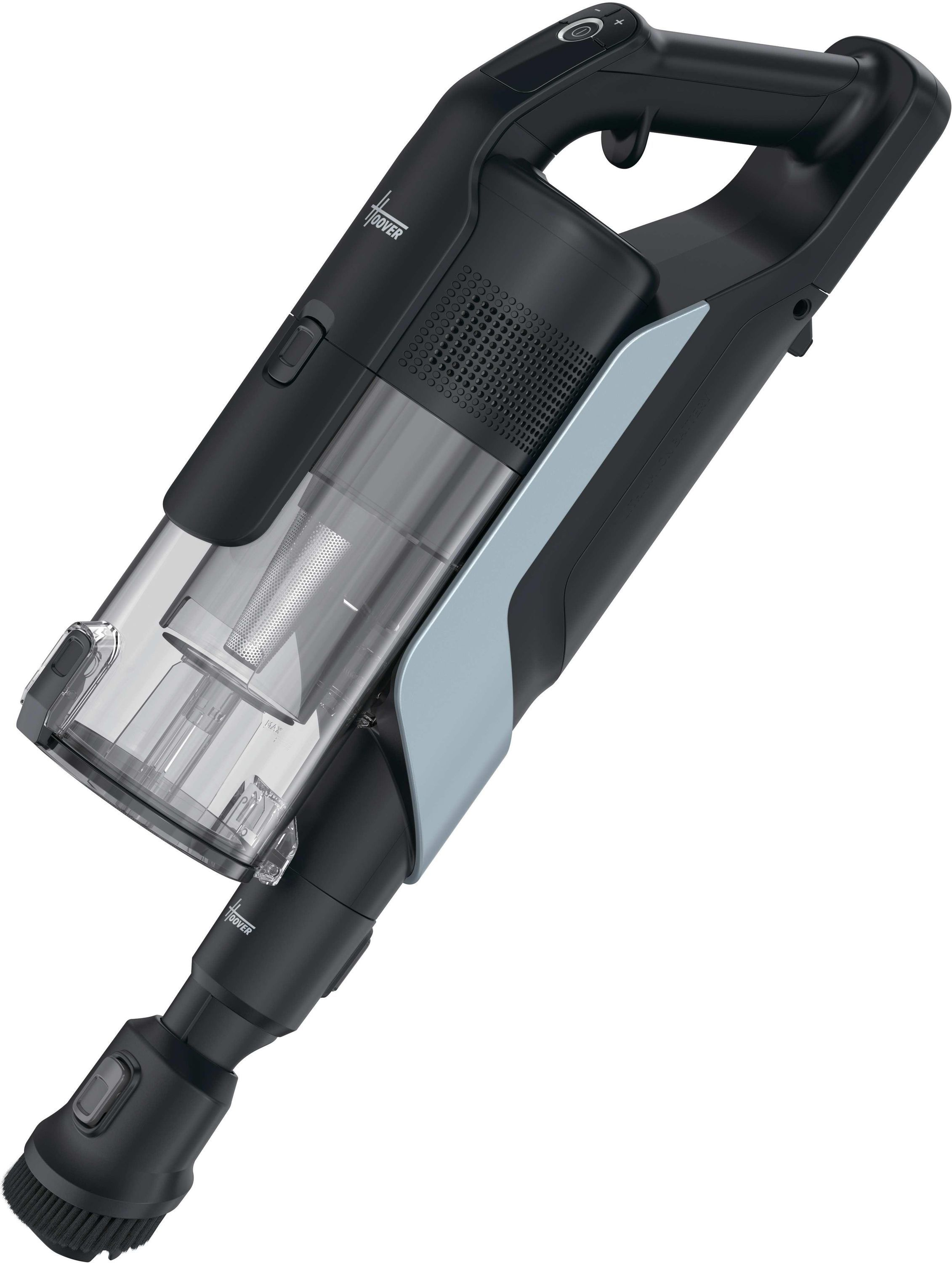 Aspirapolvere portatile Hoover nero con serbatoio trasparente e spazzola.